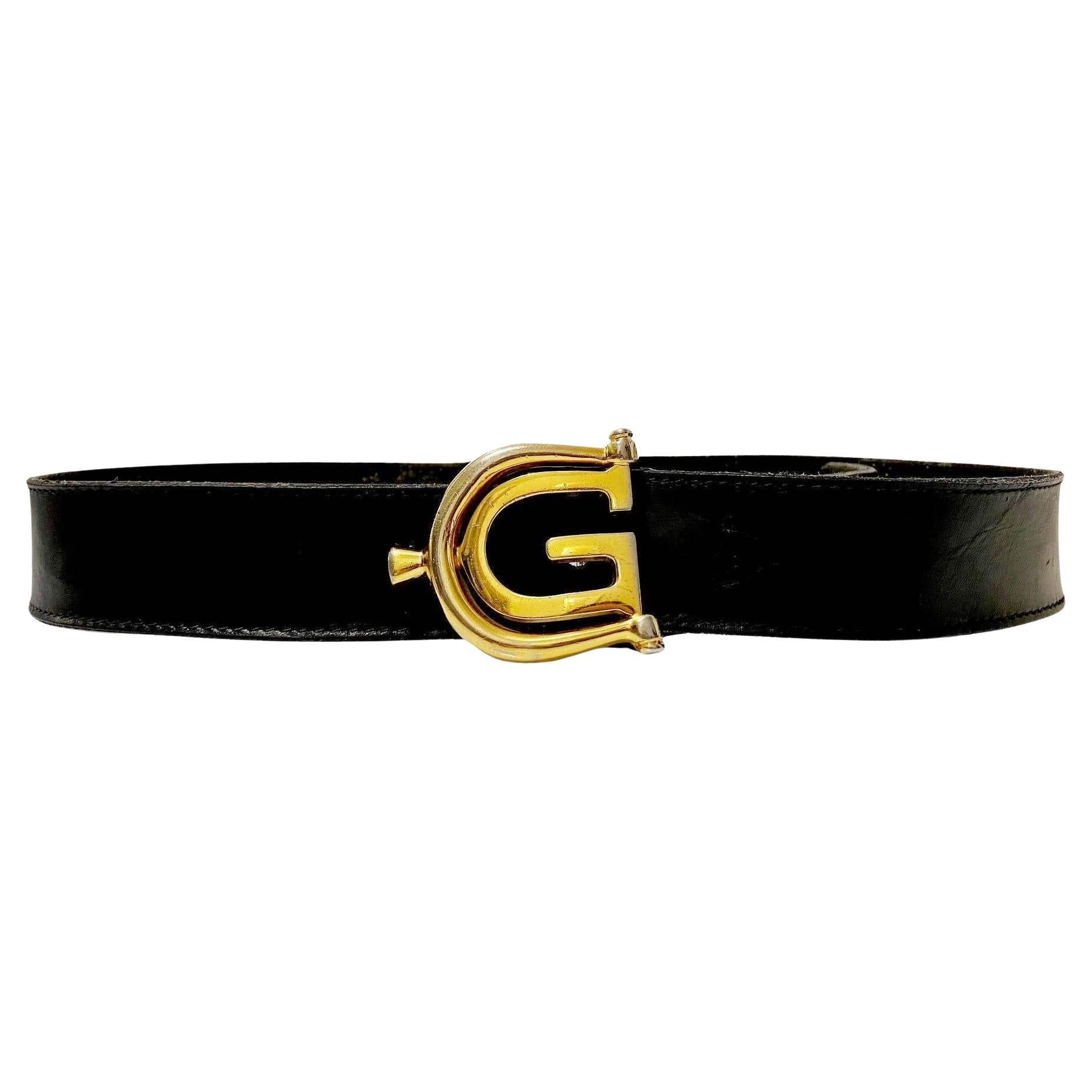 1980s Gucci Gold Metal Buckle Black Leather Belt  For Sale