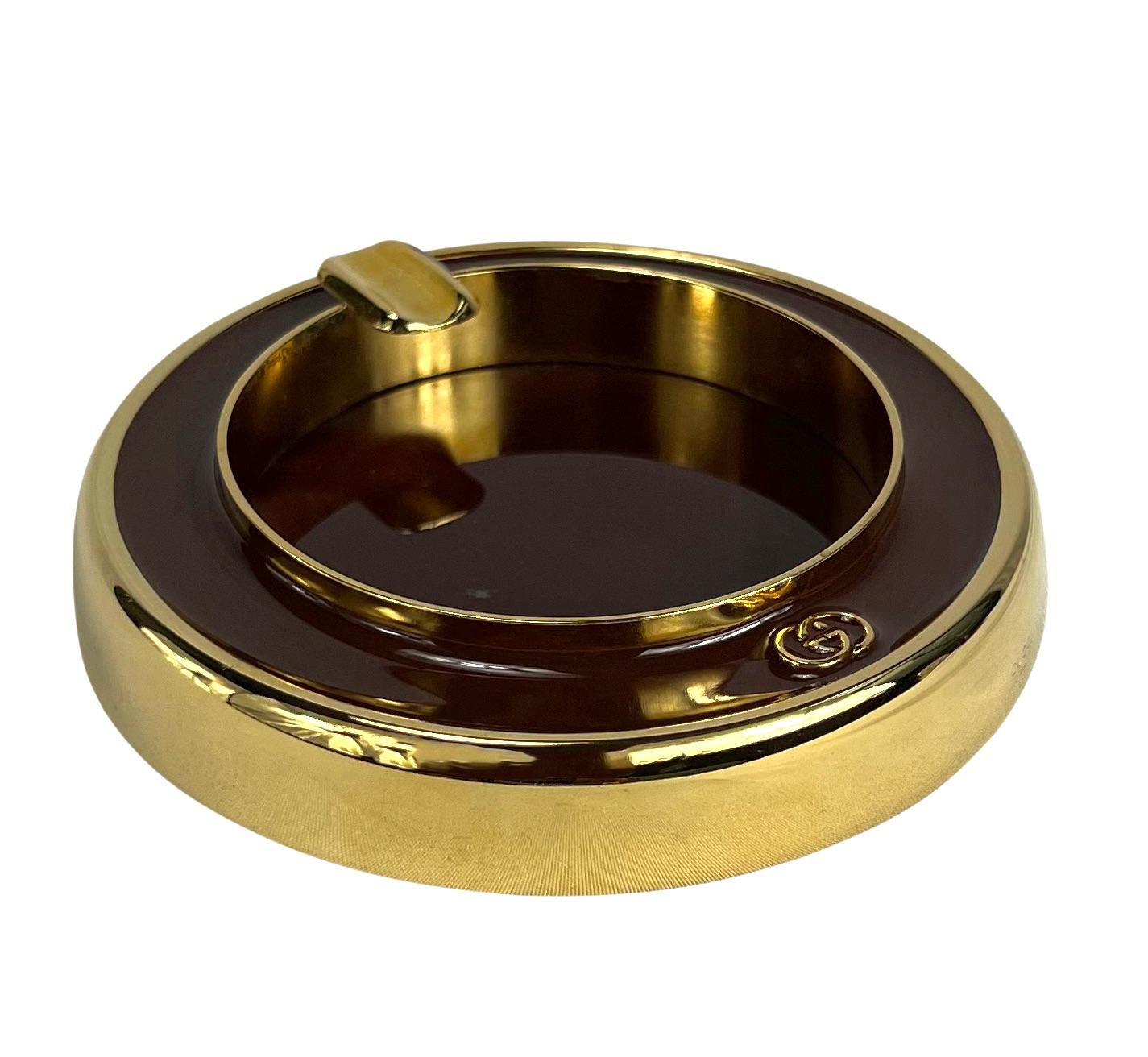 Women's or Men's 1980s Gucci Gold-Tone Brown Enamel 'GG' Ashtray 