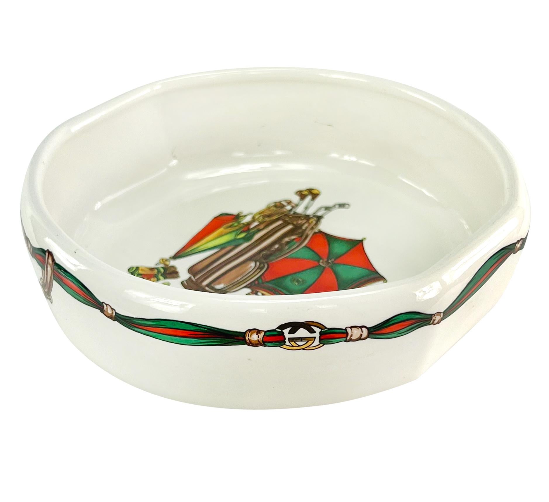 1980s Gucci Golf GG Logo Pattern White Ceramic Porcelain Trinket Dish Ashtray In Excellent Condition In West Hollywood, CA