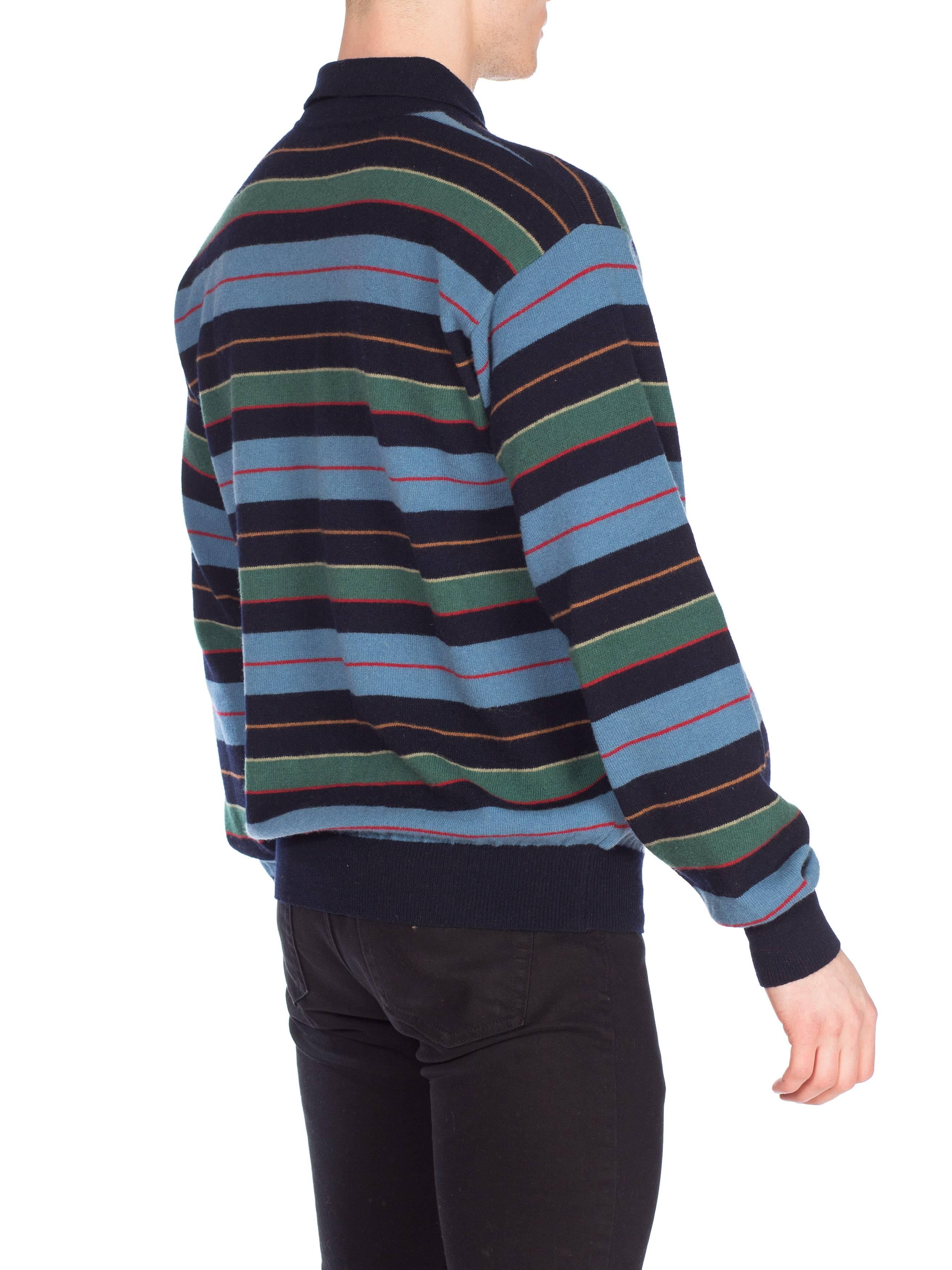 1980S GUCCI Blue & Green Striped Wool Knit Polo Neck Sweater With Logo Buttons For Sale 4