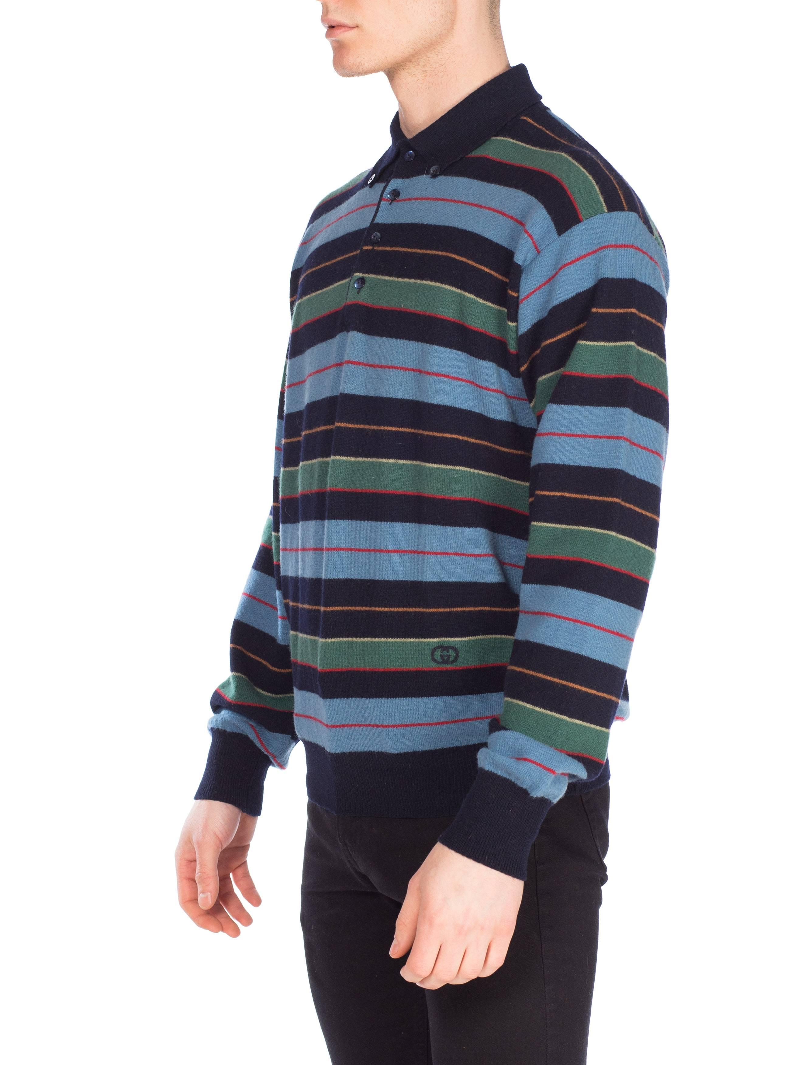 Black 1980S GUCCI Blue & Green Striped Wool Knit Polo Neck Sweater With Logo Buttons For Sale