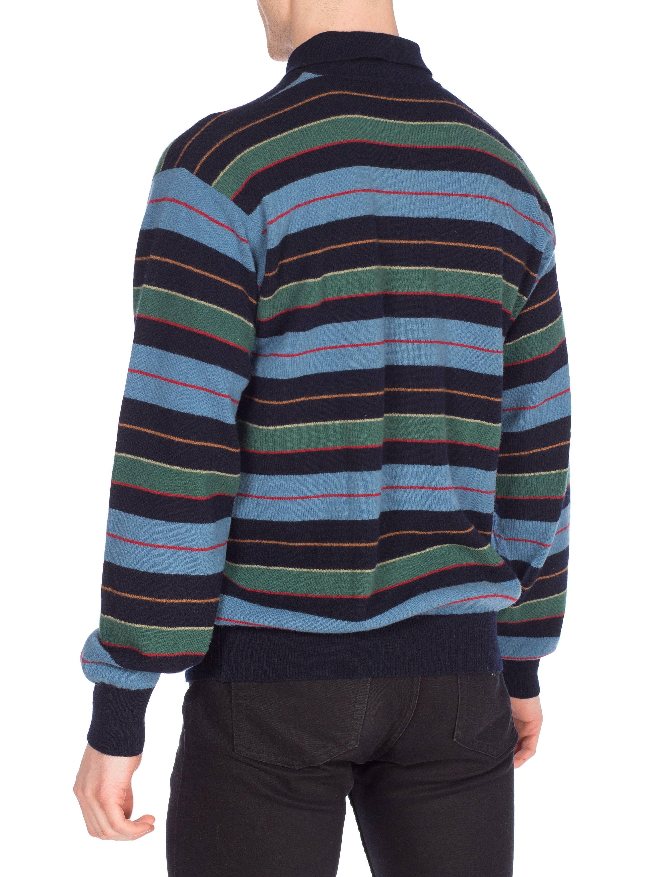 1980S GUCCI Blue & Green Striped Wool Knit Polo Neck Sweater With Logo Buttons In Excellent Condition For Sale In New York, NY