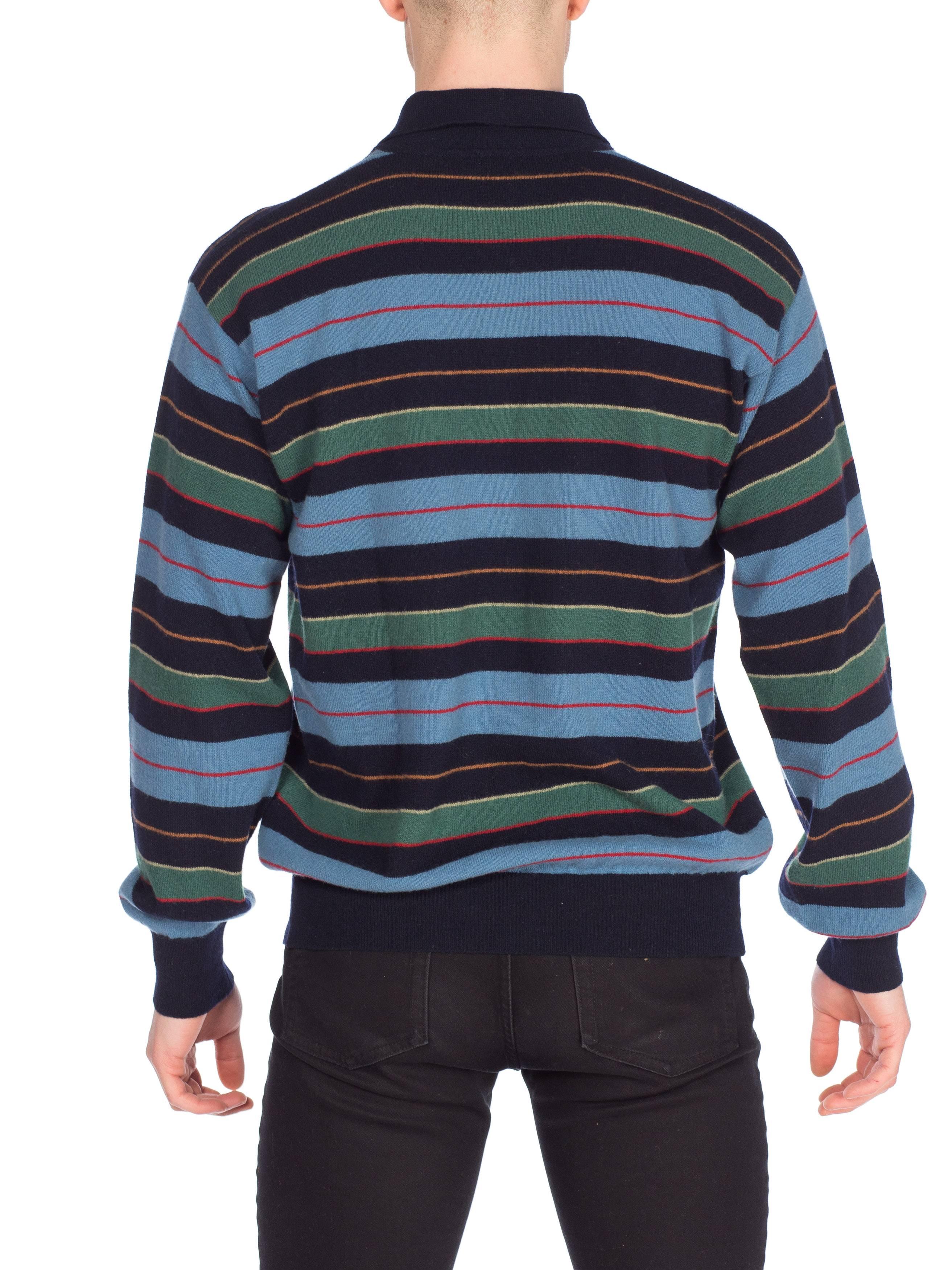 Men's 1980S GUCCI Blue & Green Striped Wool Knit Polo Neck Sweater With Logo Buttons For Sale