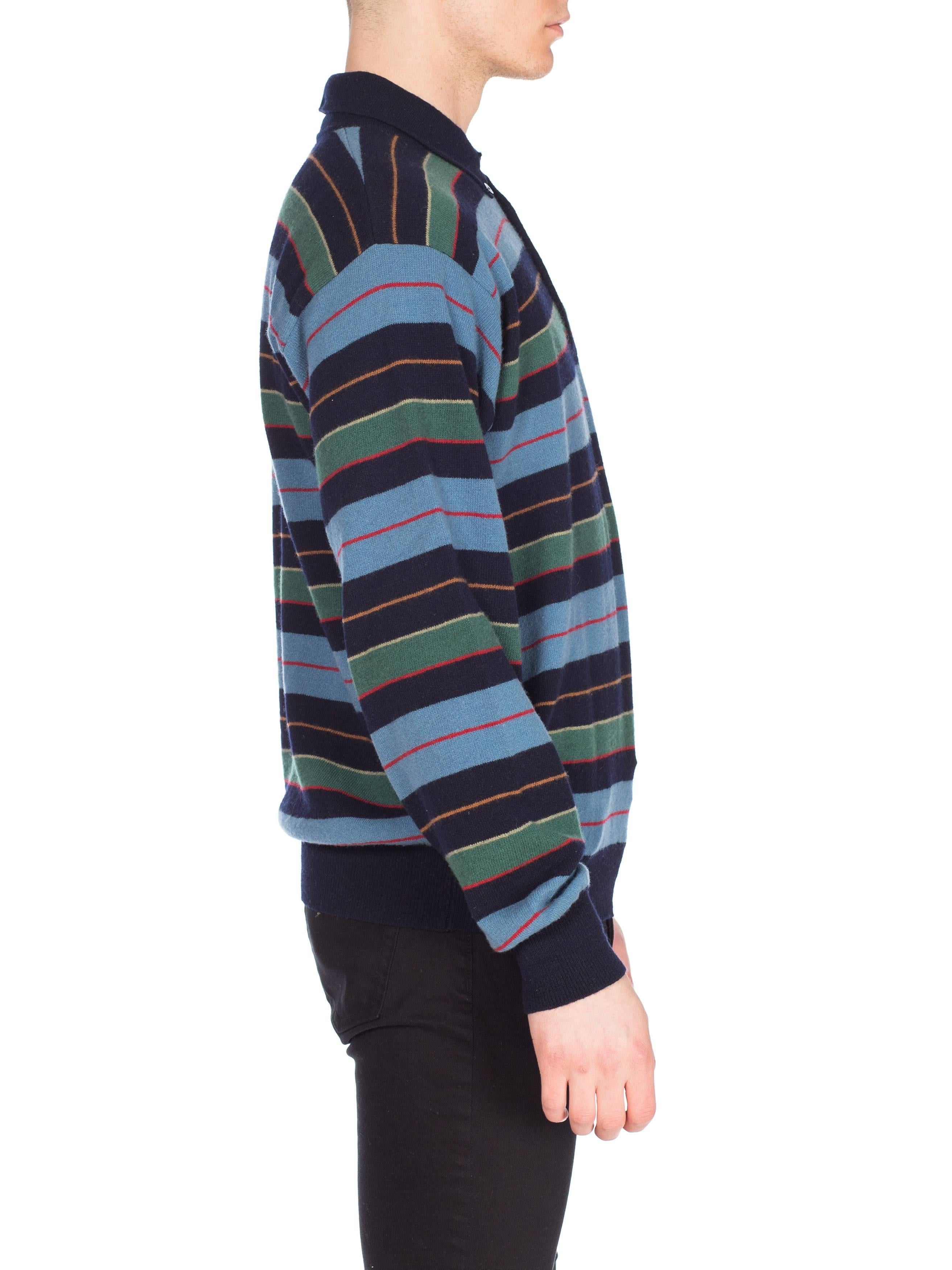 1980S GUCCI Blue & Green Striped Wool Knit Polo Neck Sweater With Logo Buttons For Sale 1