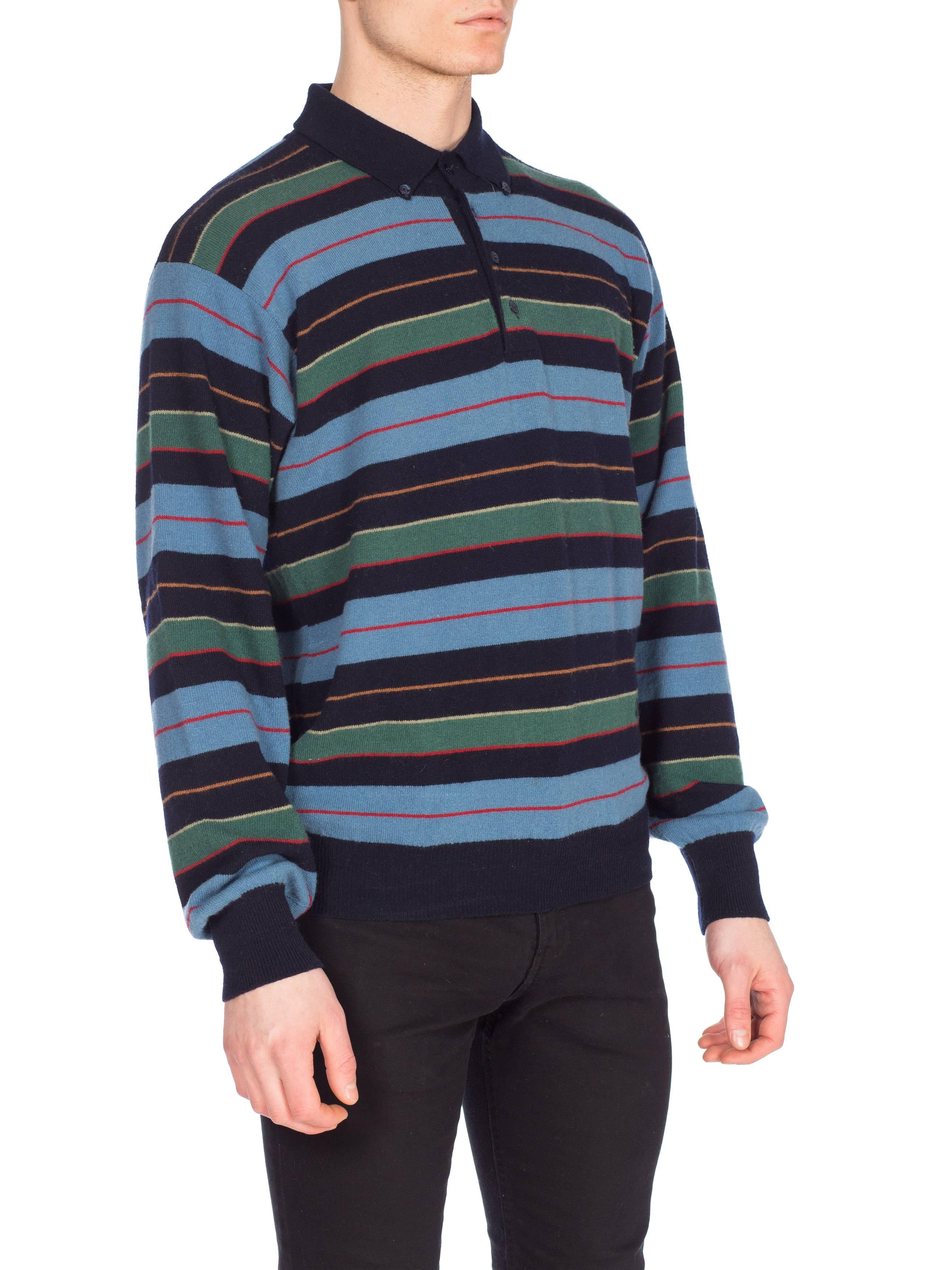 1980S GUCCI Blue & Green Striped Wool Knit Polo Neck Sweater With Logo Buttons For Sale 2