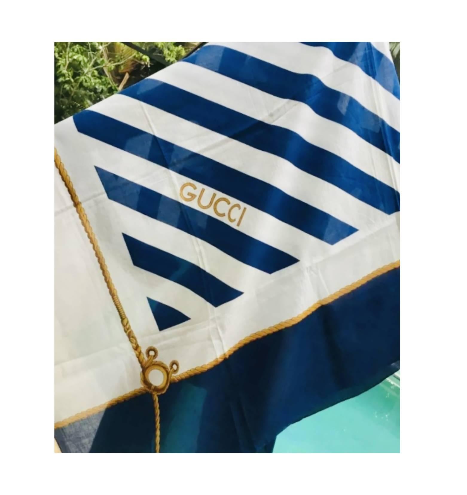 1980s Gucci Grande Gucci Azul Rayas Nudos Naval Wrap Pareo Sarong 1