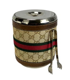 1980s Gucci Leather 'GG' Monogram Canvas Ice Bucket