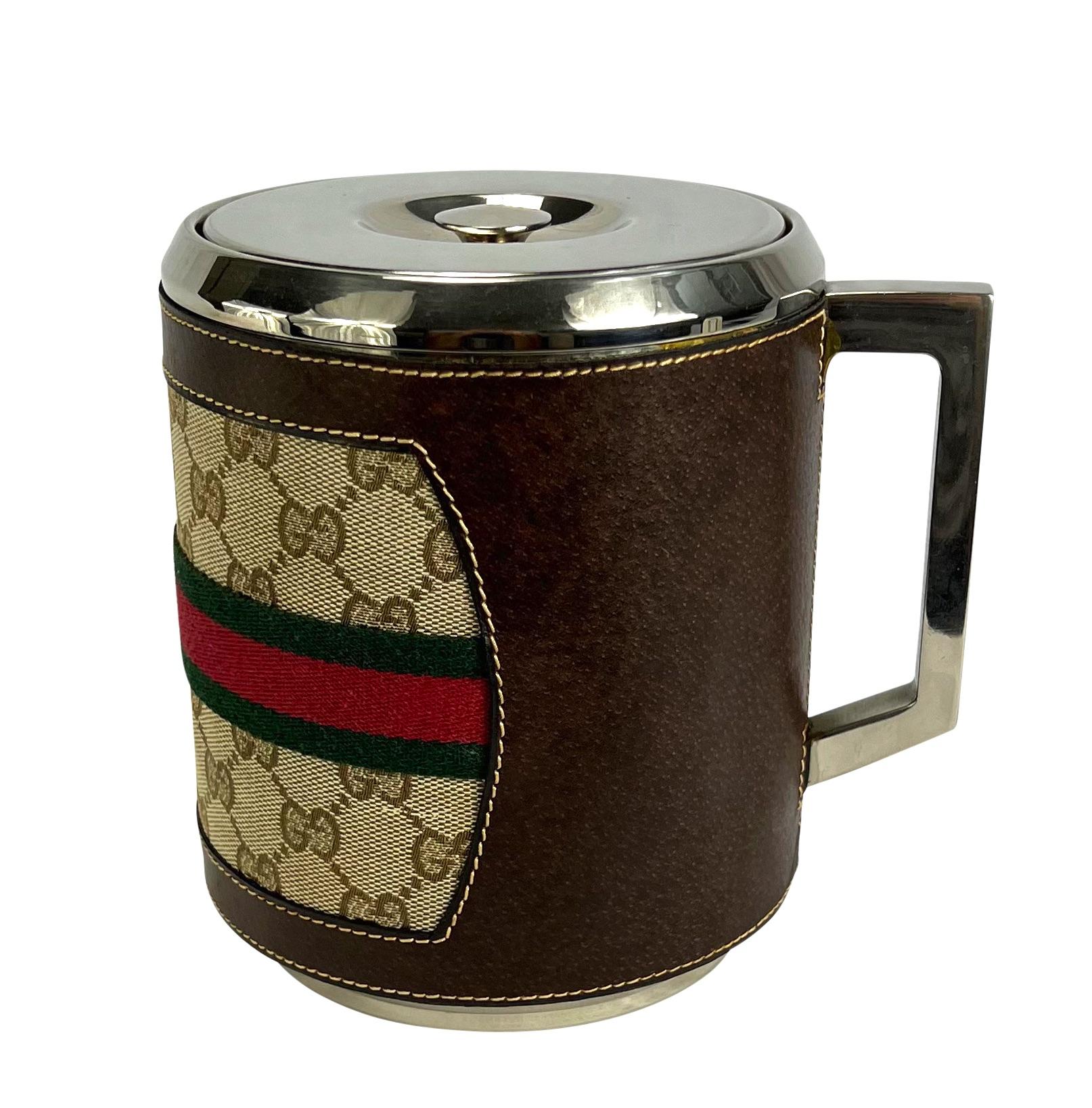 1980s Gucci Leather 'GG' Monogram Canvas Ice Bucket In Good Condition In West Hollywood, CA