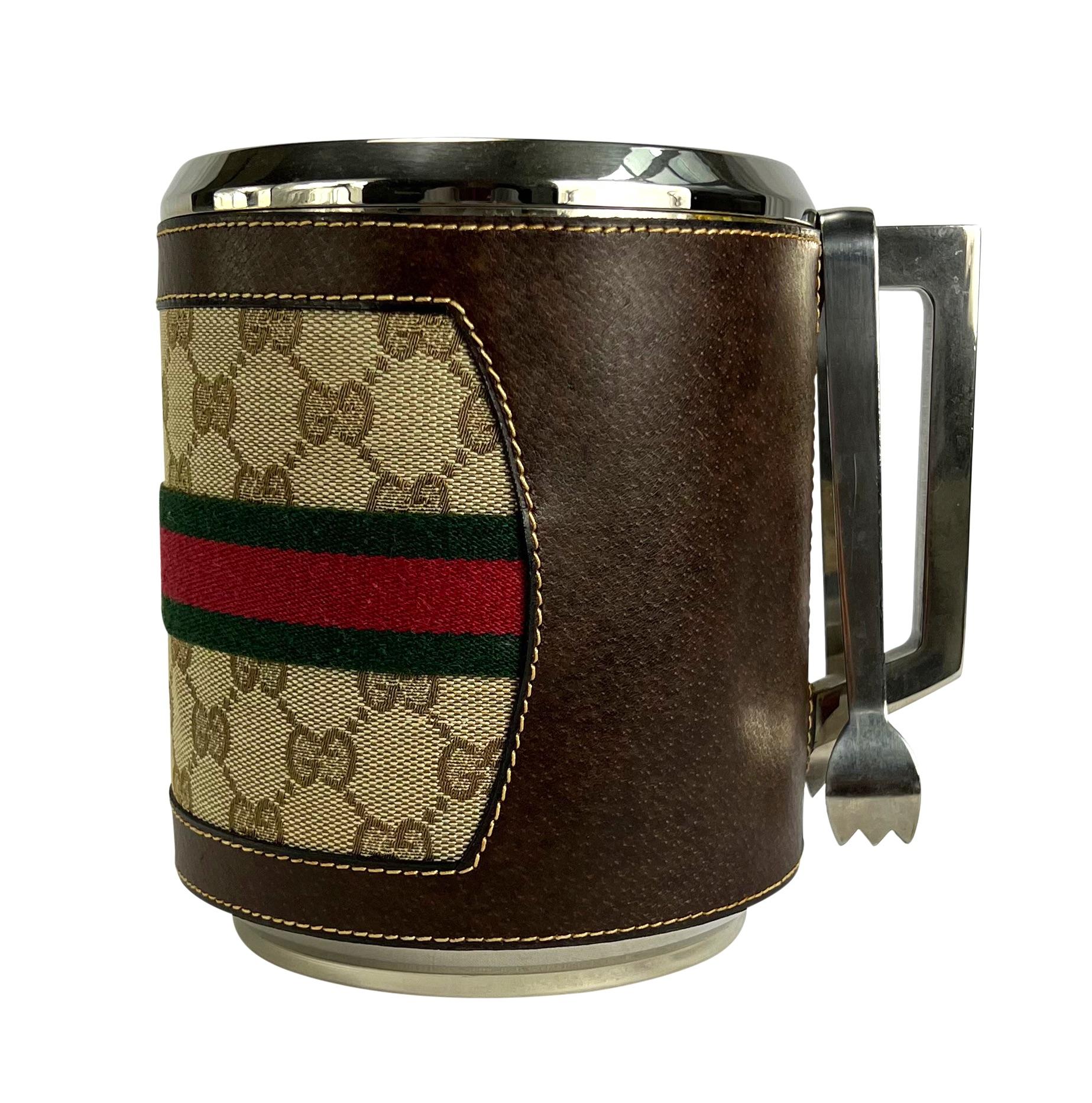 Women's or Men's 1980s Gucci Leather 'GG' Monogram Canvas Ice Bucket
