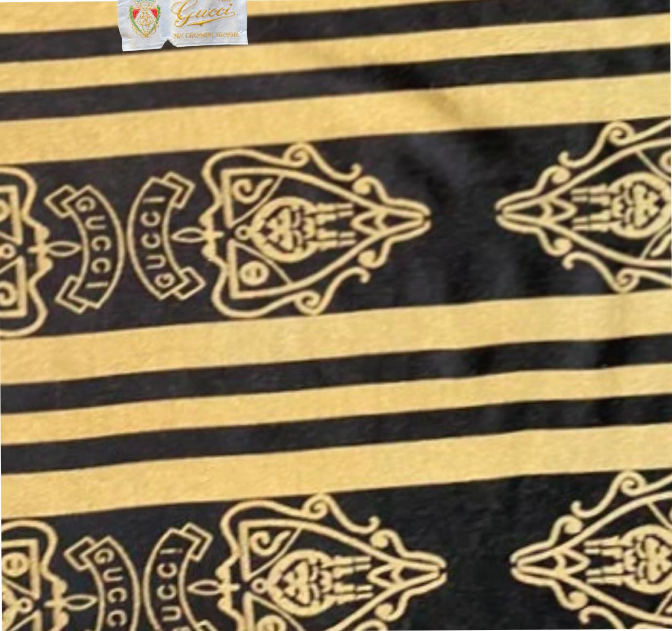 1980s Gucci Logo Gold Black Cashmere Stripe Scarf Shawl For Sale 1