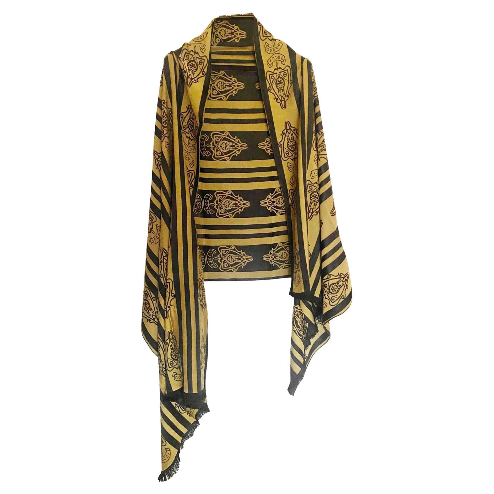 1980s Gucci La Black Gold Crest Stripe Logo Oversized Wool Scarf For Sale