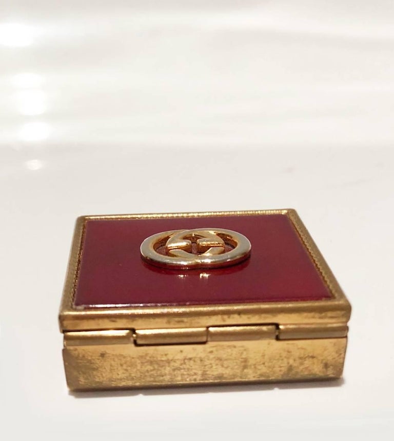 1980s GUCCI Logo Square Lidded Red and Gold Tone Metal Pocket Ashtray Pill  box at 1stDibs