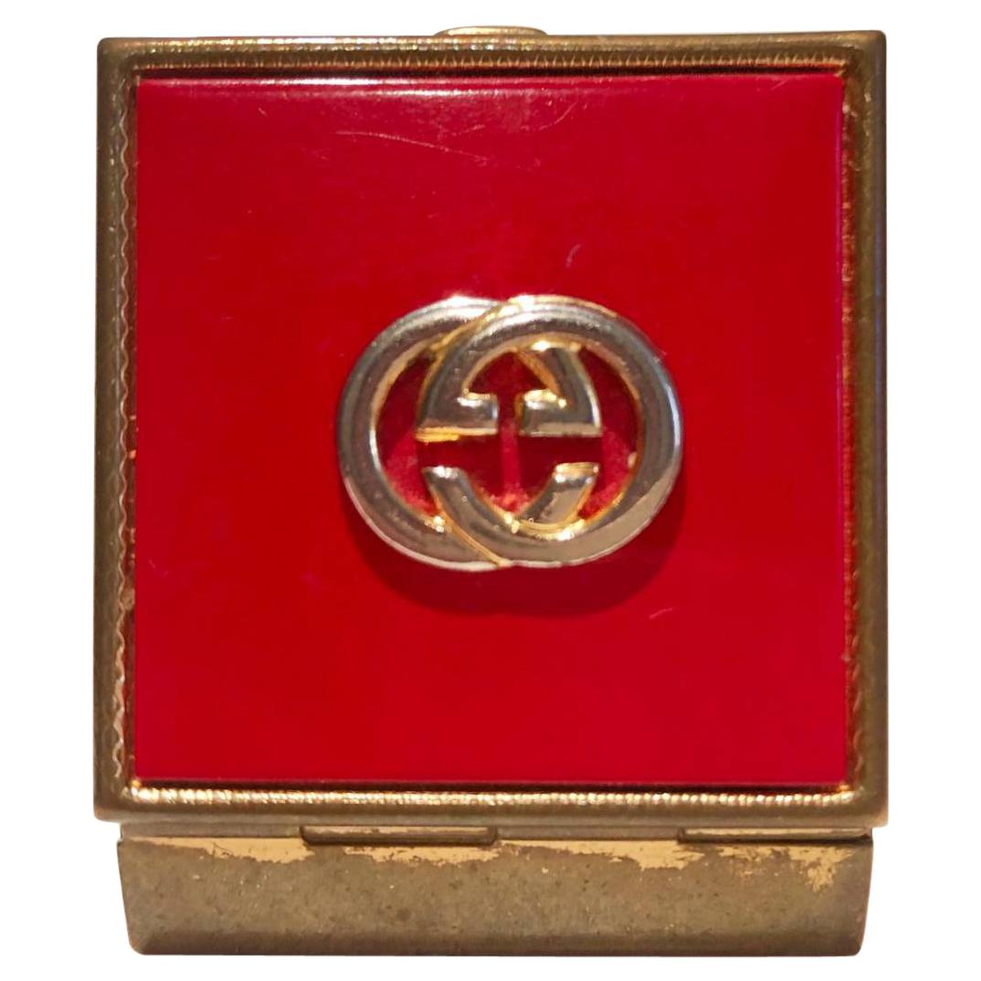 1980s GUCCI Logo Square Lidded Red and Gold Tone Metal Pocket Ashtray Pill box 