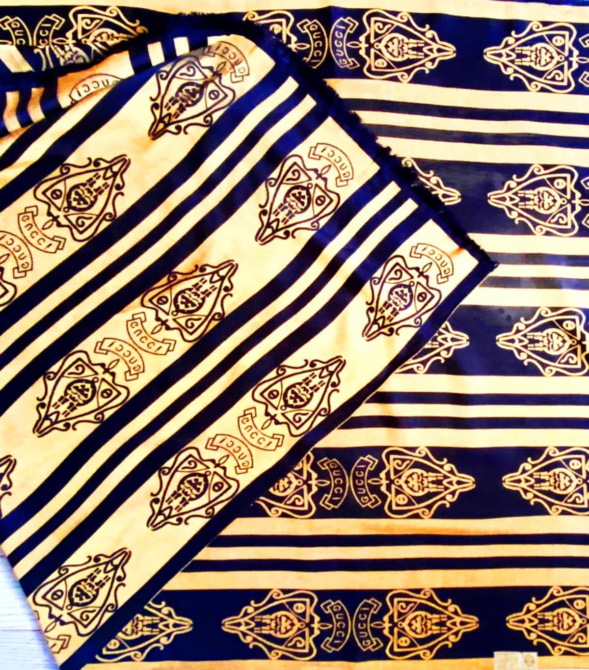 Women's or Men's 1980s Gucci Logo Gold Black Cashmere Stripe Scarf Shawl For Sale