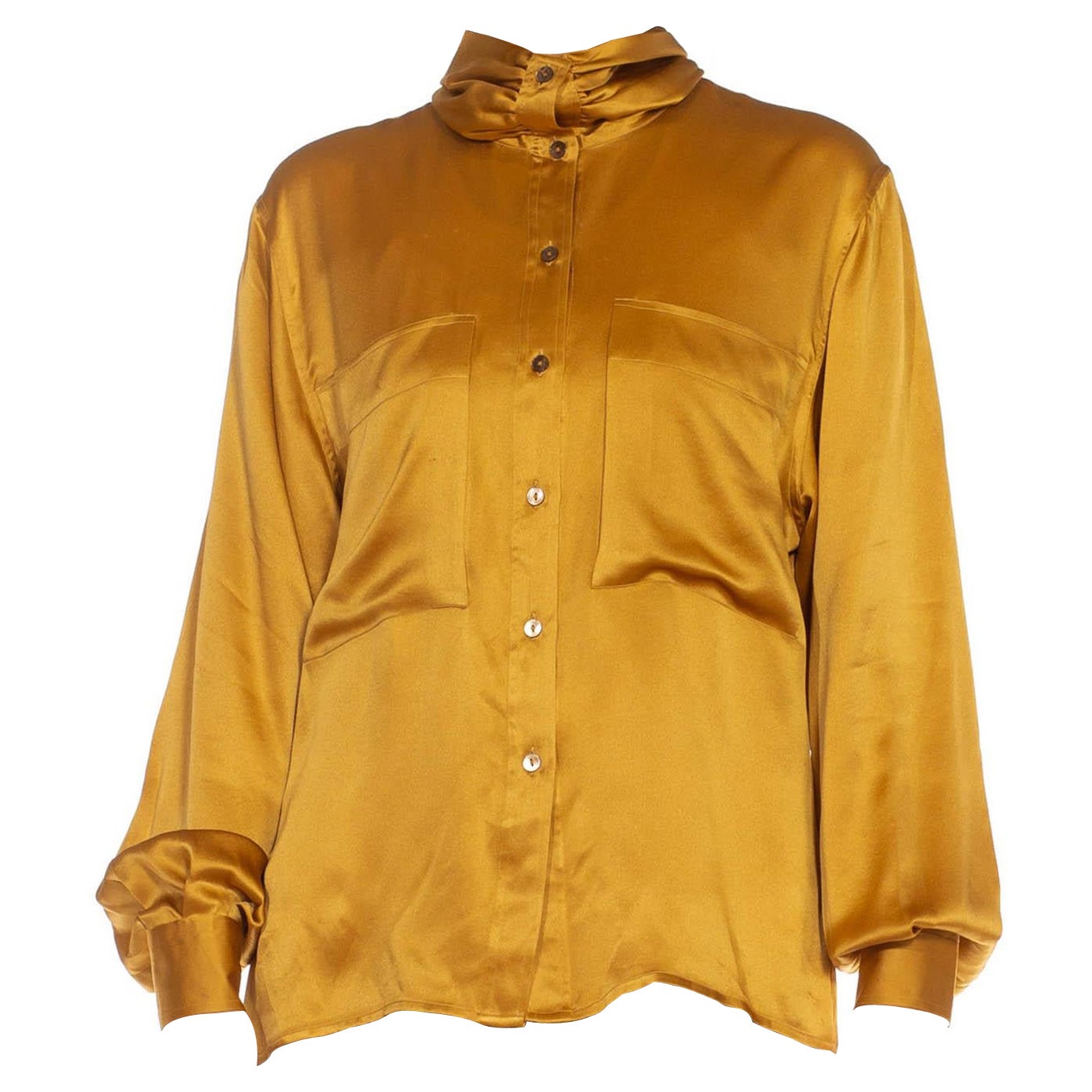 1980S Gucci Mustard Gold Silk Satin Button Up Blouse