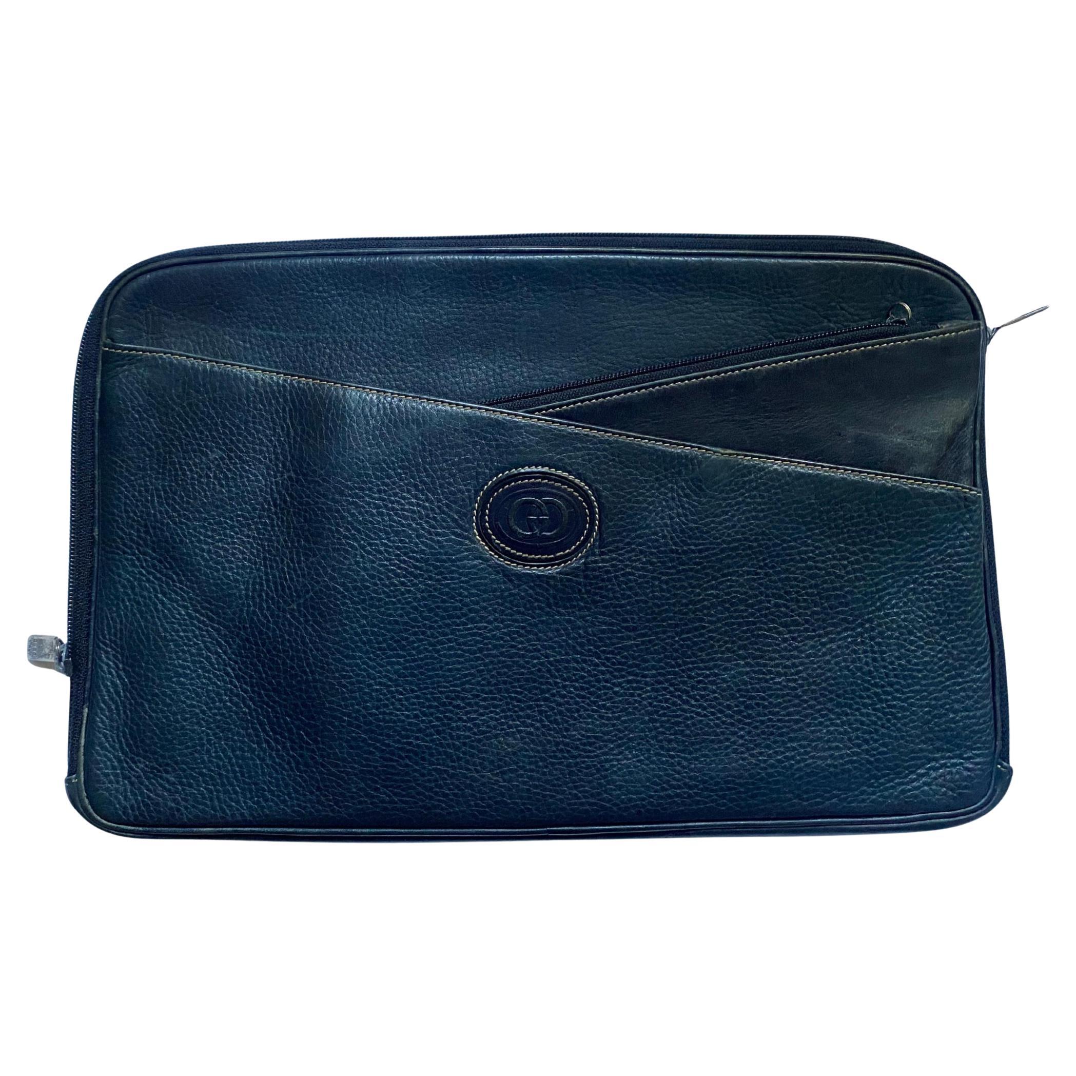 Bolso Maletín con Cremallera Azul Marino Gucci Años 80 Porta Documentos
