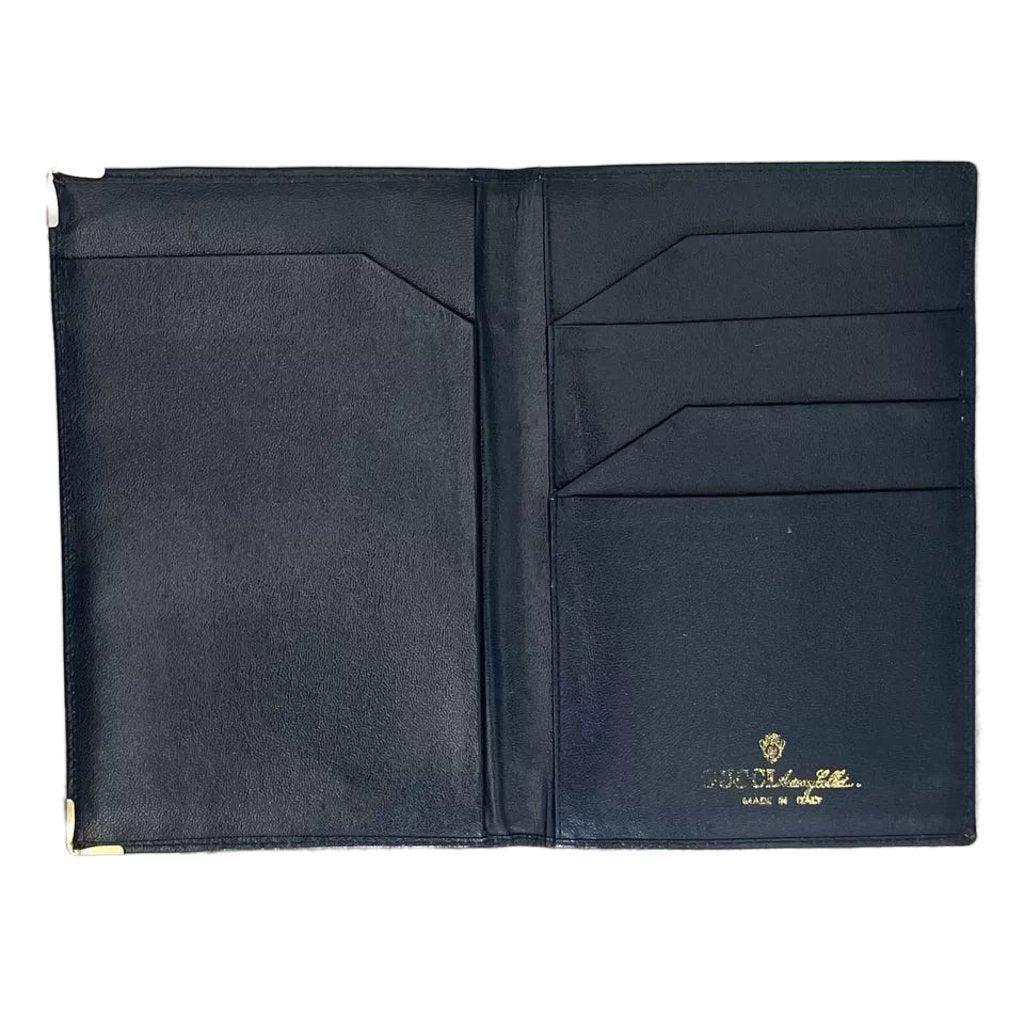 1980s Gucci Navy Blue Leather Passport Cover Holder, gold tone metal hardware  Gucci wallet/passport holder in dark blue leather, front 1934 & 1958 Logo, inside compartments  

Condition: early 1980s, excellent, images true to