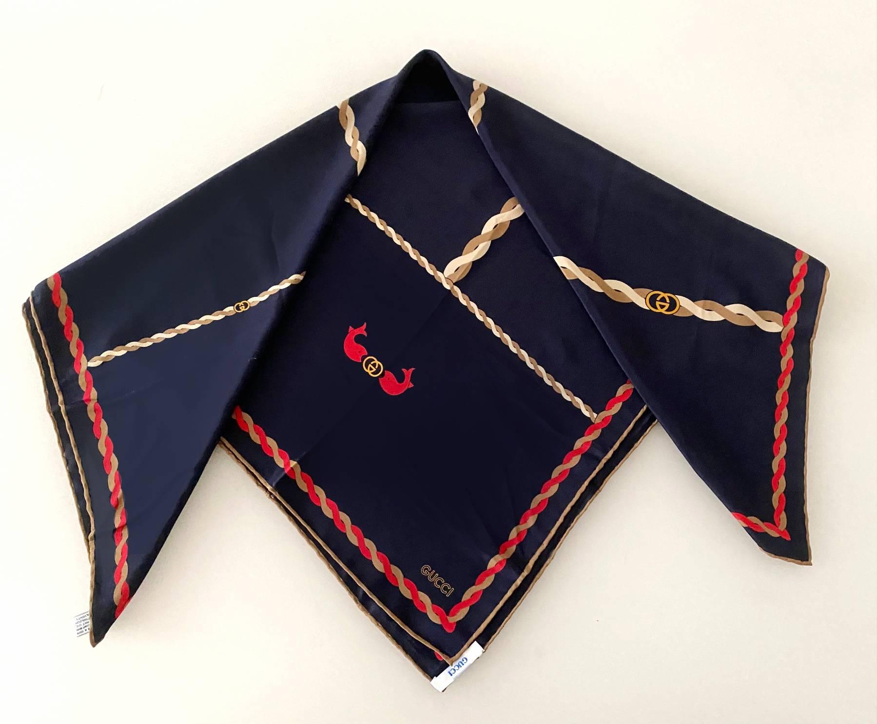 Square Navy blue silk scarf shawl with brow and red naval knot motif, Gucci logo,  100% silk, Made in Italy 
Condition: 1980s, vintage, new with box 
Measurements: 70x70cm