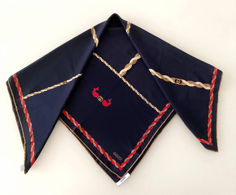 1980s Gucci Navy Blue Naval Brown Red Knot Motif Silk Scarf at 1stDibs