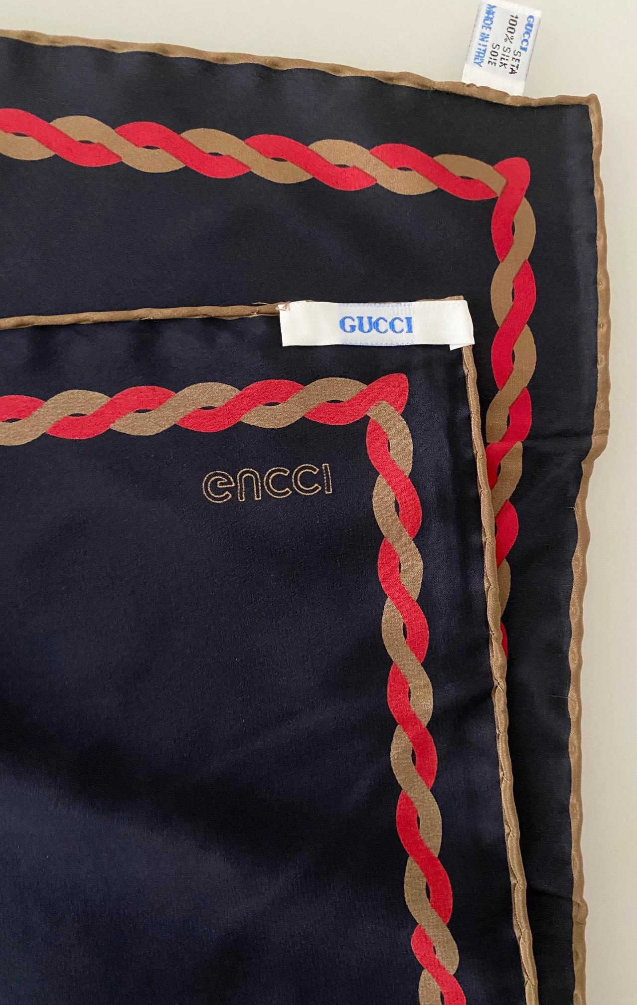 1980s Gucci Navy Blue Naval Brown Red Knot Motif Silk Scarf  In Excellent Condition In London, GB