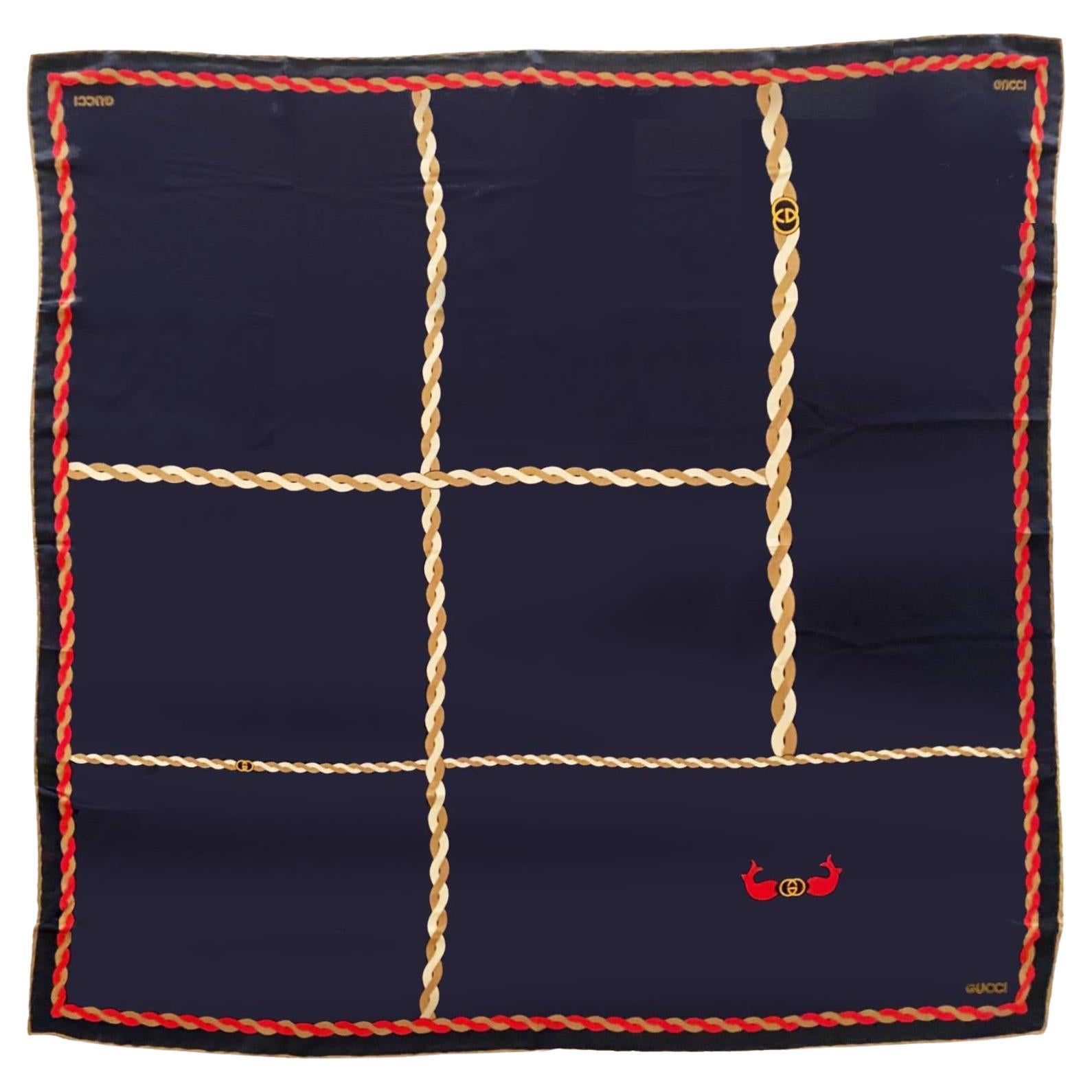 1980s Gucci Navy Blue Naval Brown Red Knot Motif Silk Scarf 