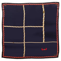 1980s Gucci Navy Blue Naval Brown Red Knot Motif Silk Scarf 