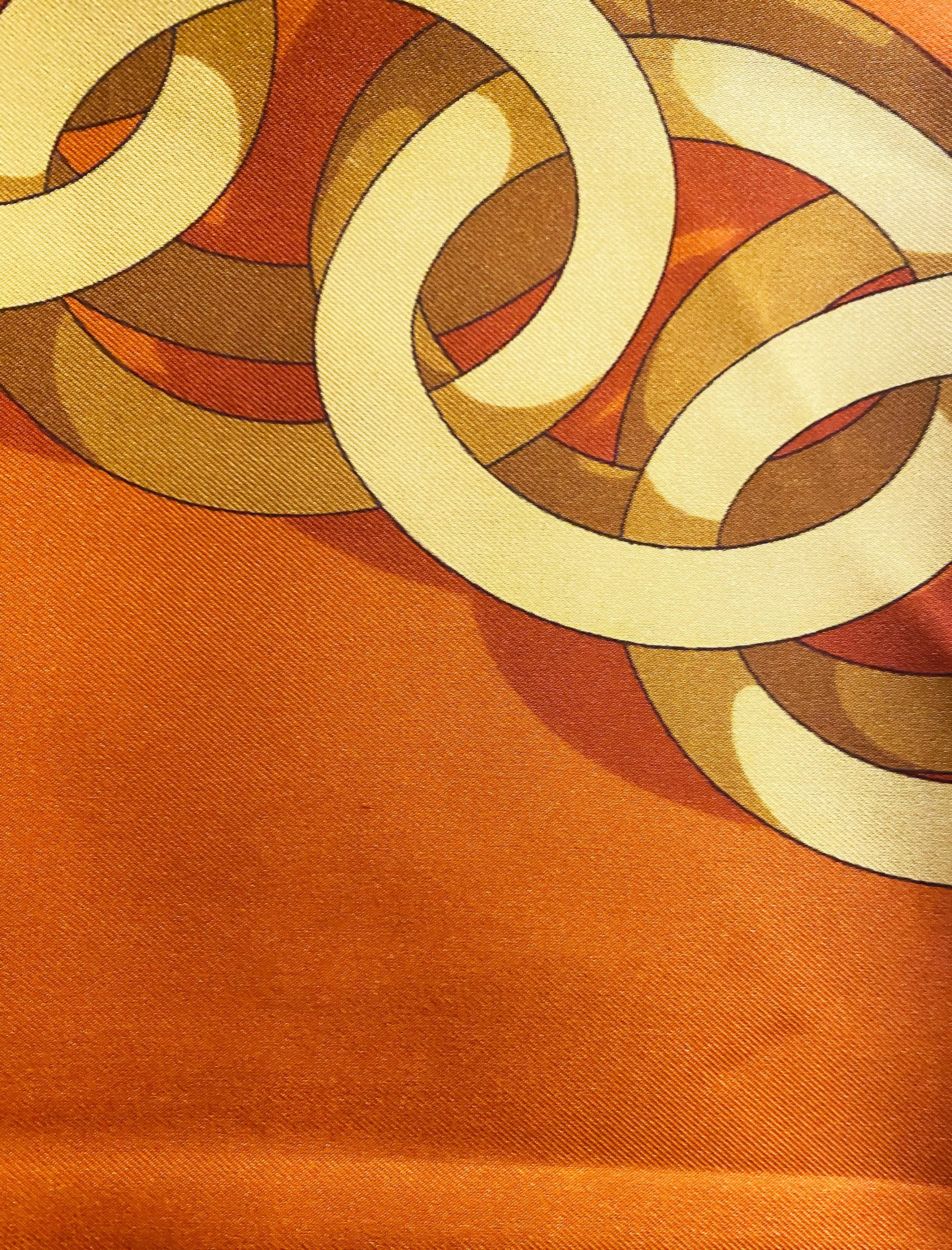 1980s Gucci Orange Gold Horsebit Equestrian Chain Print Silk Scarf For Sale 1