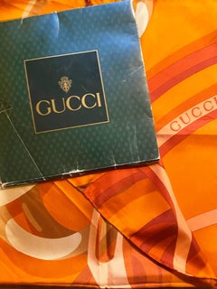 1980s Gucci Orange Gold Horsebit Equestrian Chain Print Silk Scarf