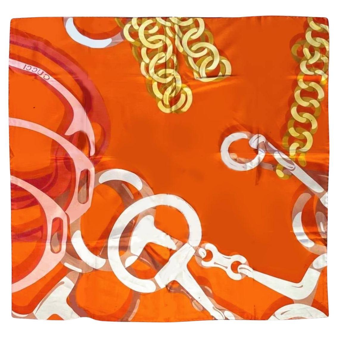 1980s Gucci Orange Gold Horsebit Silk Scarf For Sale