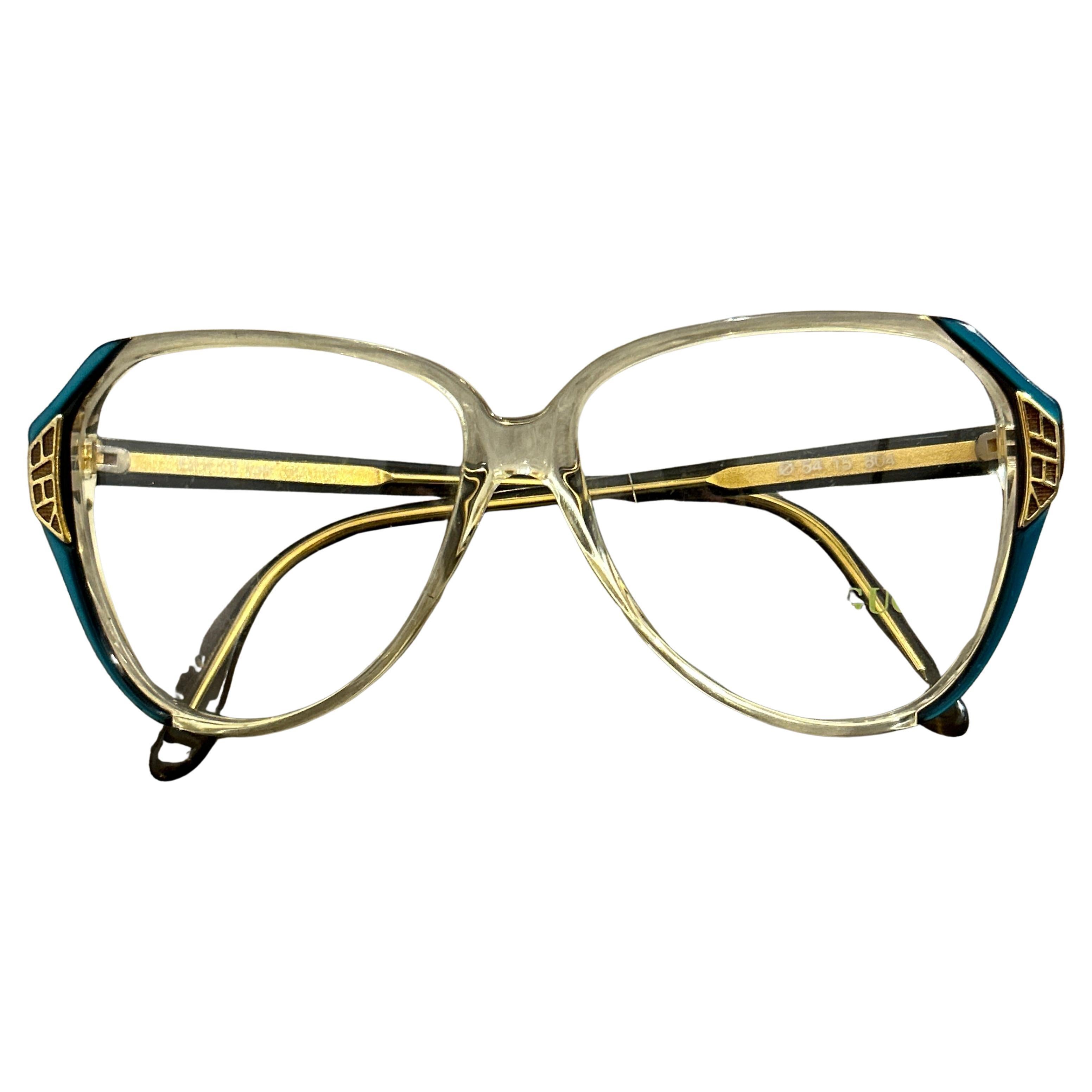 1980s Gucci Retro Oversized Eyeglasses with Teal and Gold Accents For Sale