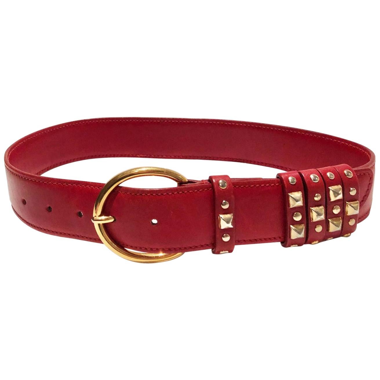 1980s Gucci Red Leather Gold Stud High Waist Belt