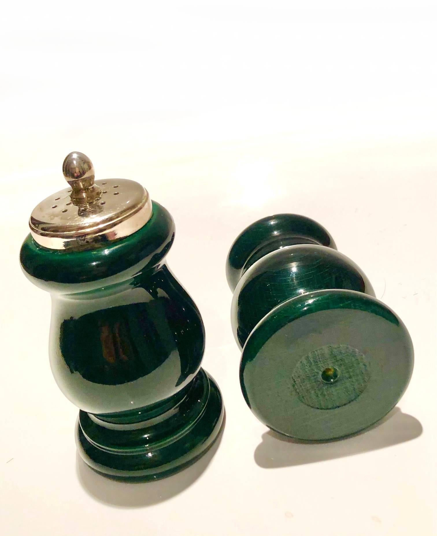 Black 1980s Gucci Silver Tone and Green Lacquered Finish Wood Salt Shakers