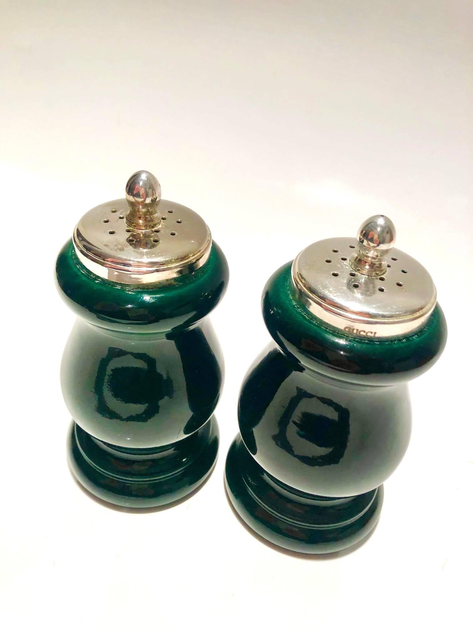 1980s Gucci Silver Tone and Green Lacquered Finish Wood Salt Shakers In Good Condition In London, GB