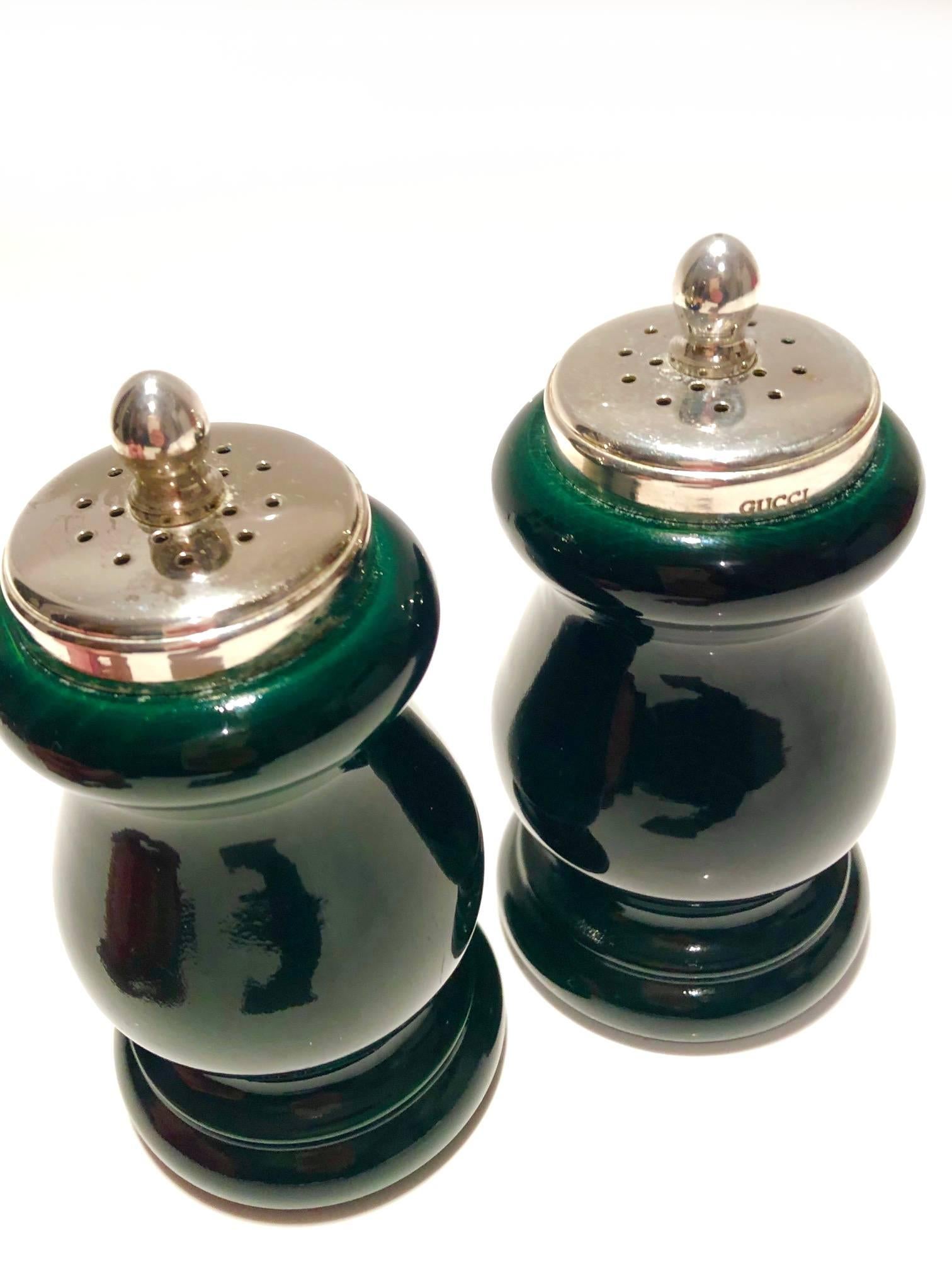 Women's or Men's 1980s Gucci Silver Tone and Green Lacquered Finish Wood Salt Shakers