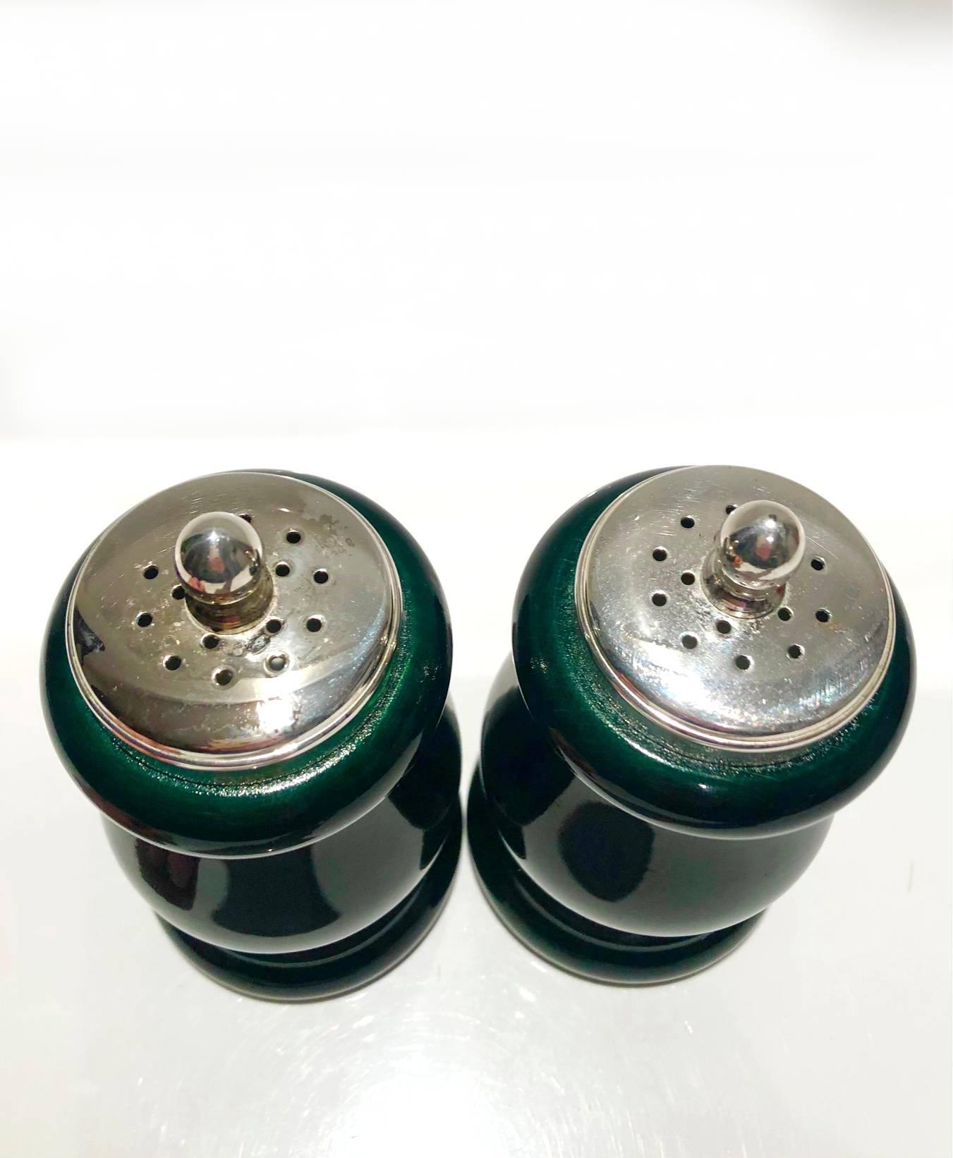 1980s Gucci Silver Tone and Green Lacquered Finish Wood Salt Shakers 1
