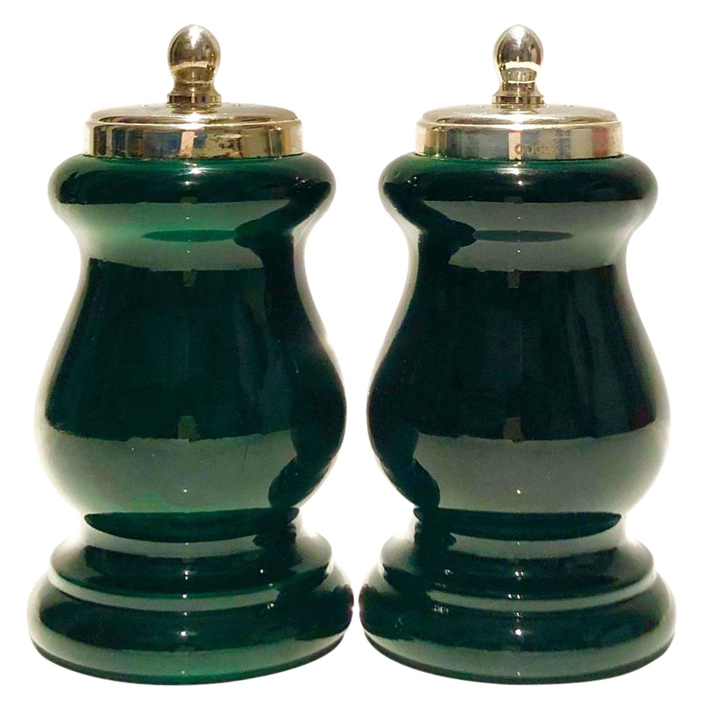 1980s Gucci Silver Tone and Green Lacquered Finish Wood Salt Shakers