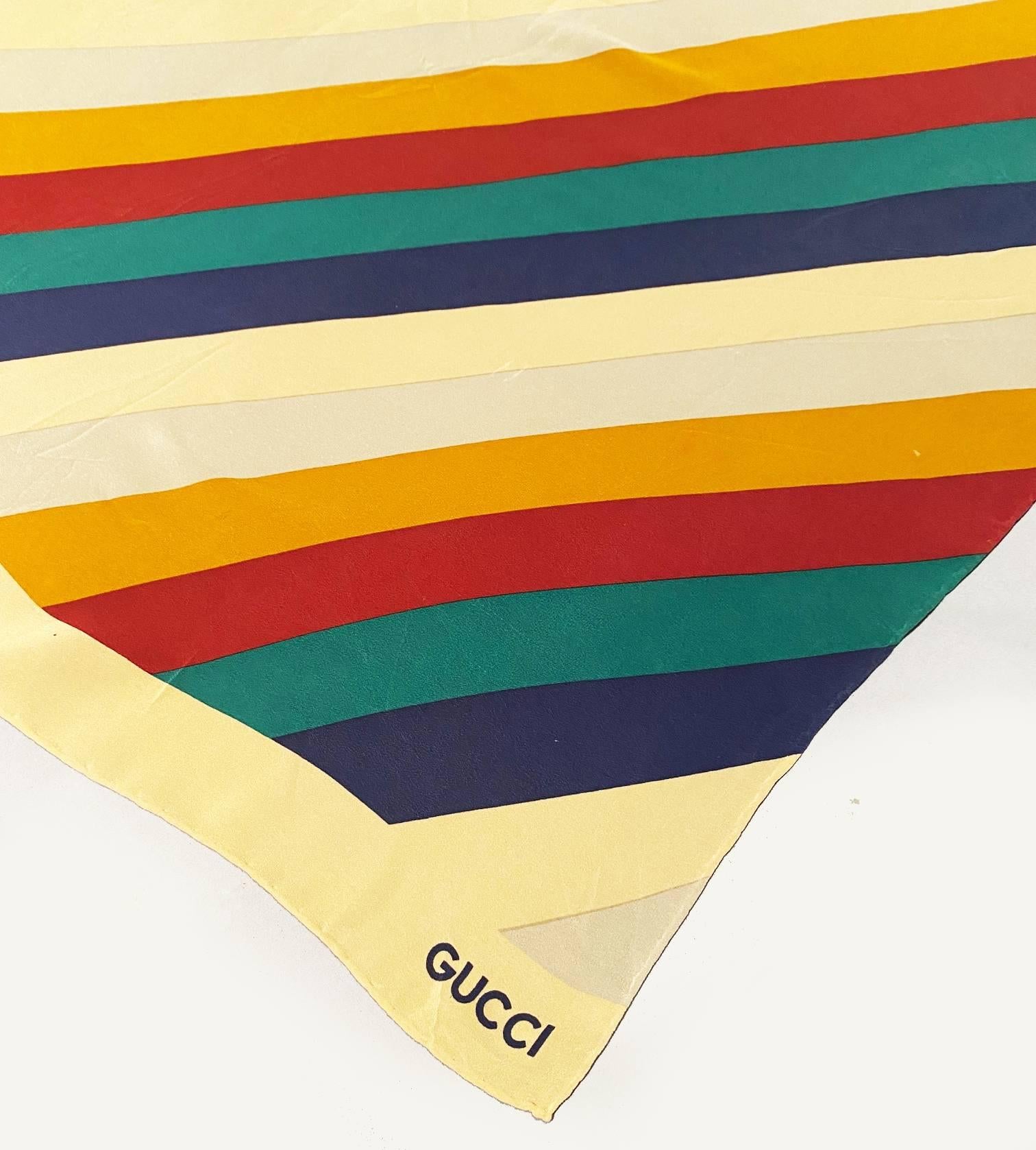 Orange 1980s Gucci Stripe Rainbow Multicolor Silk Large Scarf 