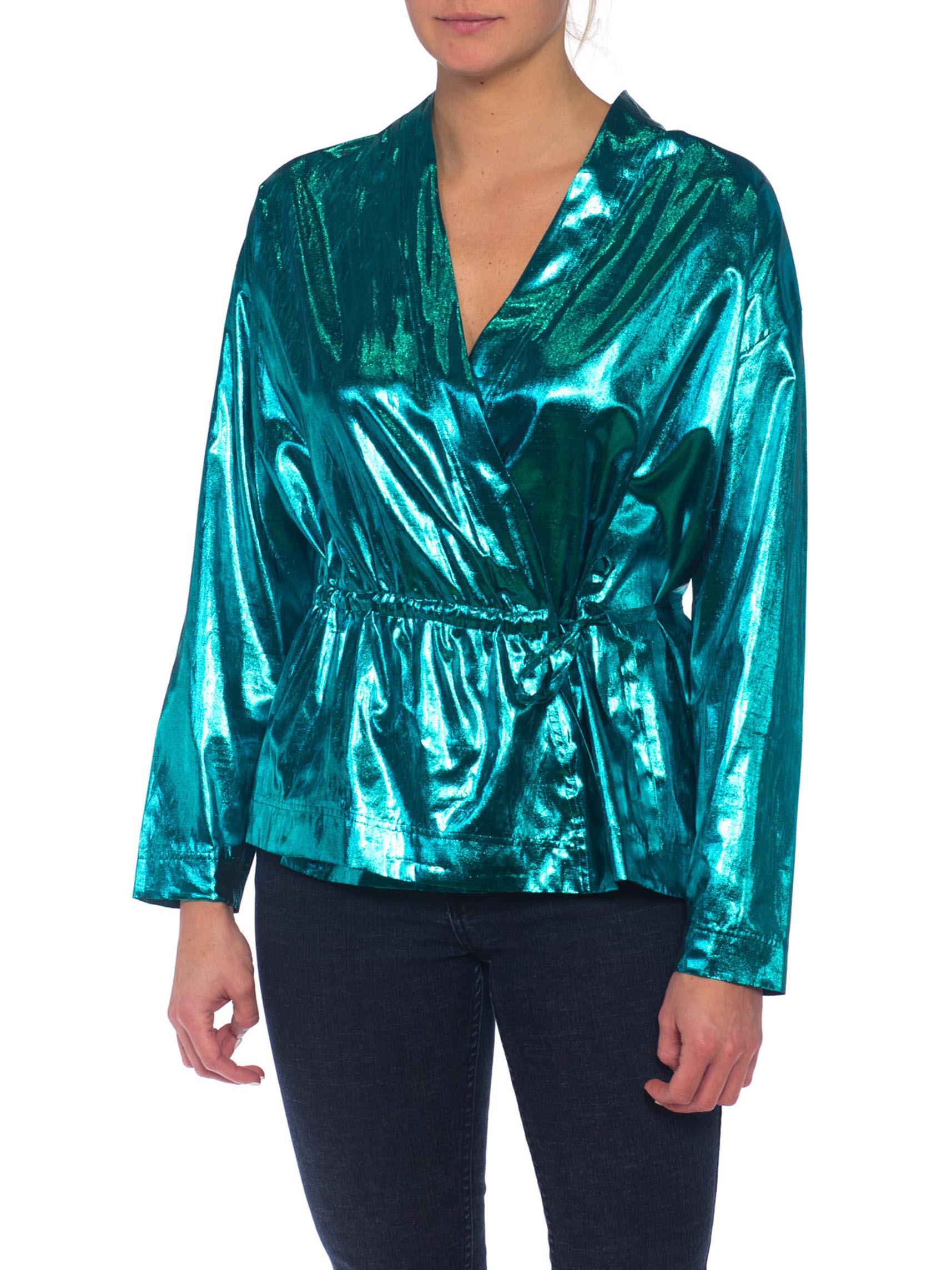 Waist can fit comfortably up to 30 inches 1980S Teal Lamé Gucci Style Disco Wrap Top
