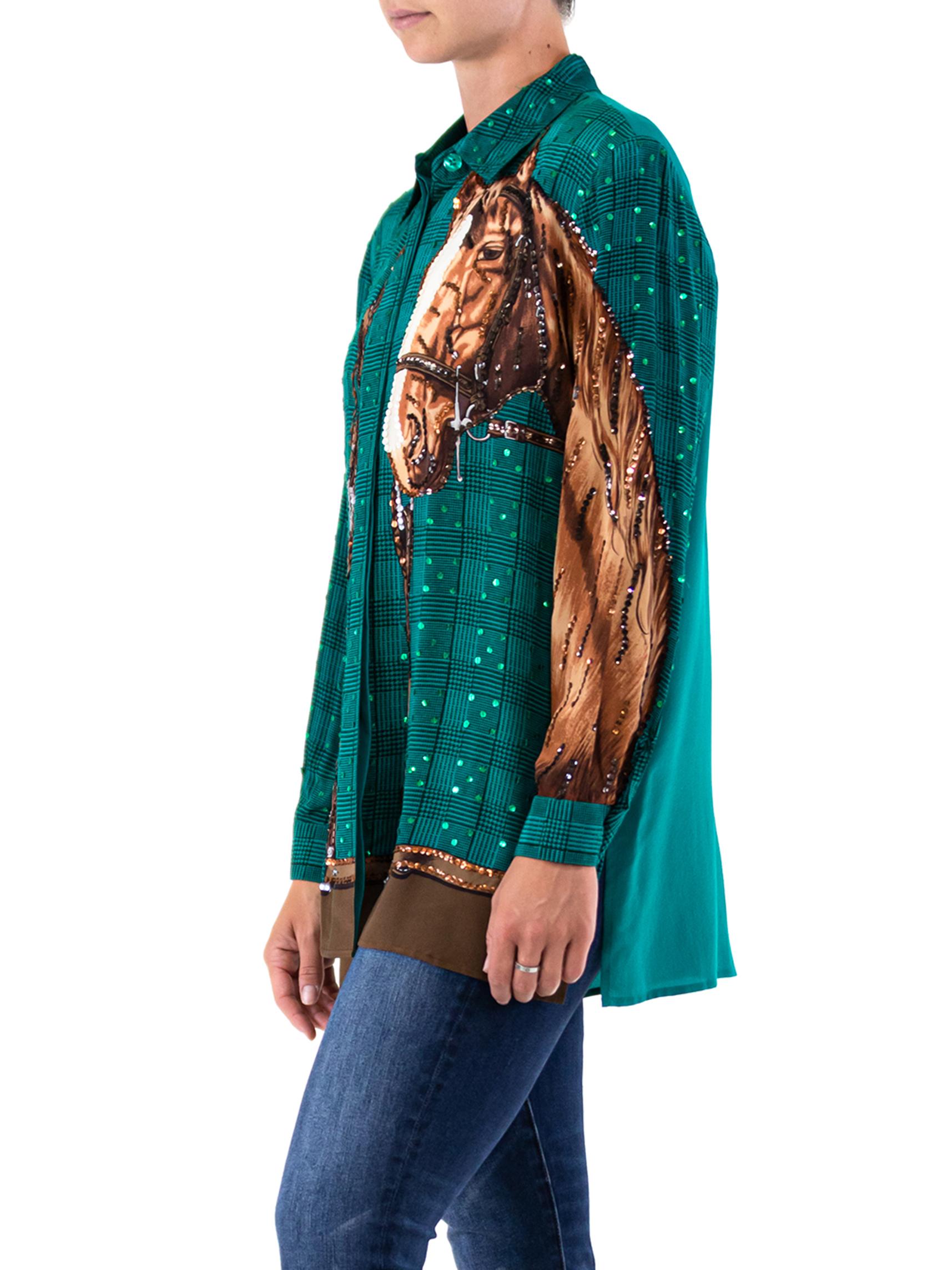 Women's 1980'S GUCCI Style Green Brown Sequined Horse Print Top For Sale