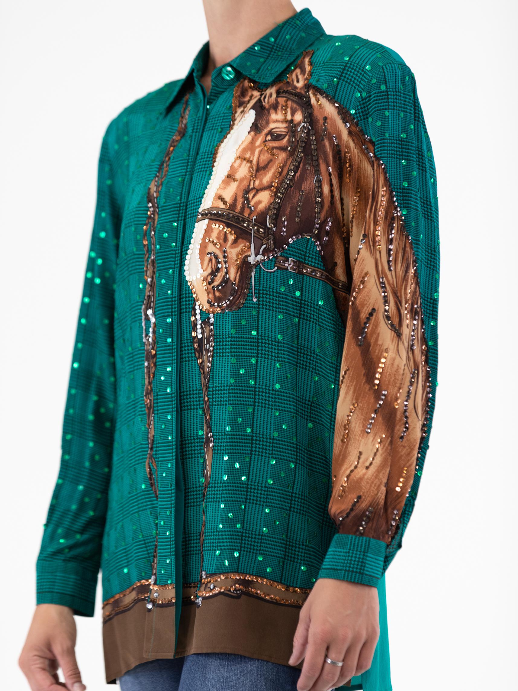 1980'S GUCCI Style Green Brown Sequined Horse Print Top For Sale 1