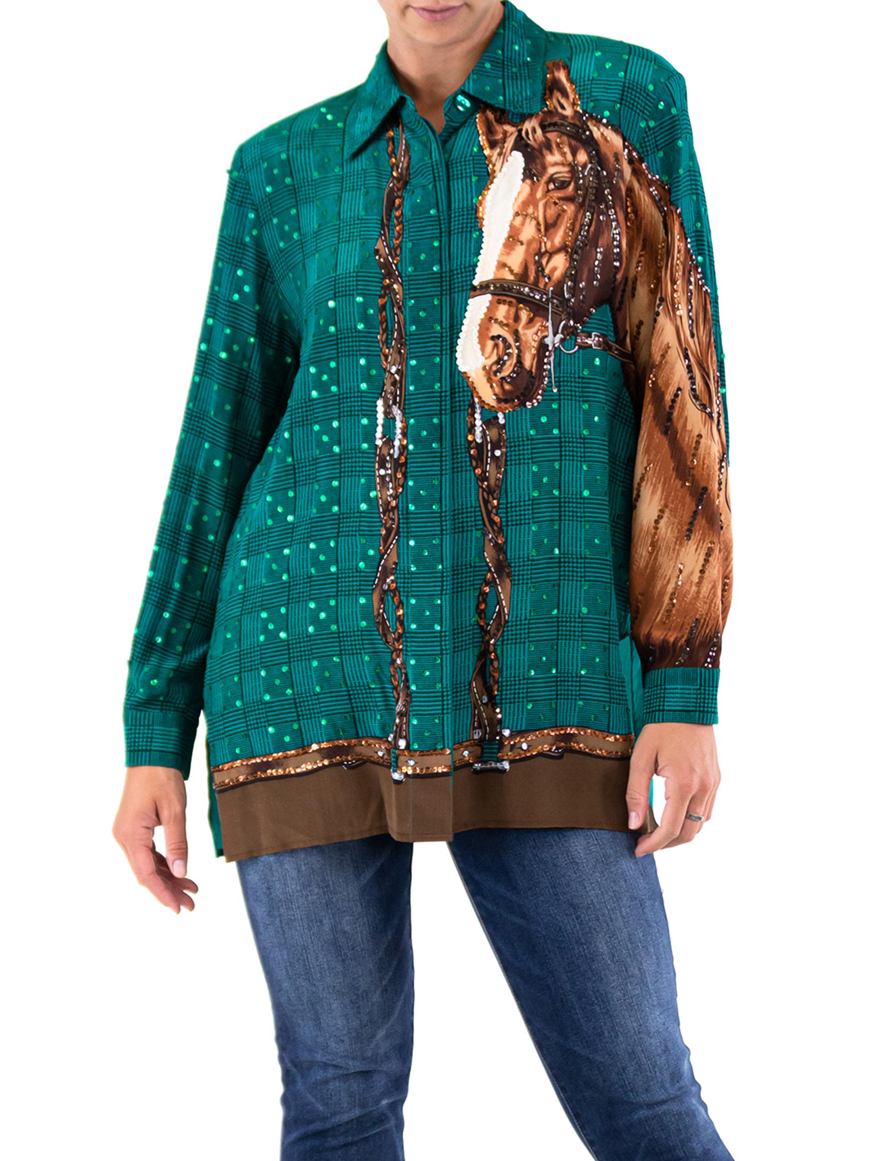 1980'S GUCCI Style Green Brown Sequined Horse Print Top For Sale 2