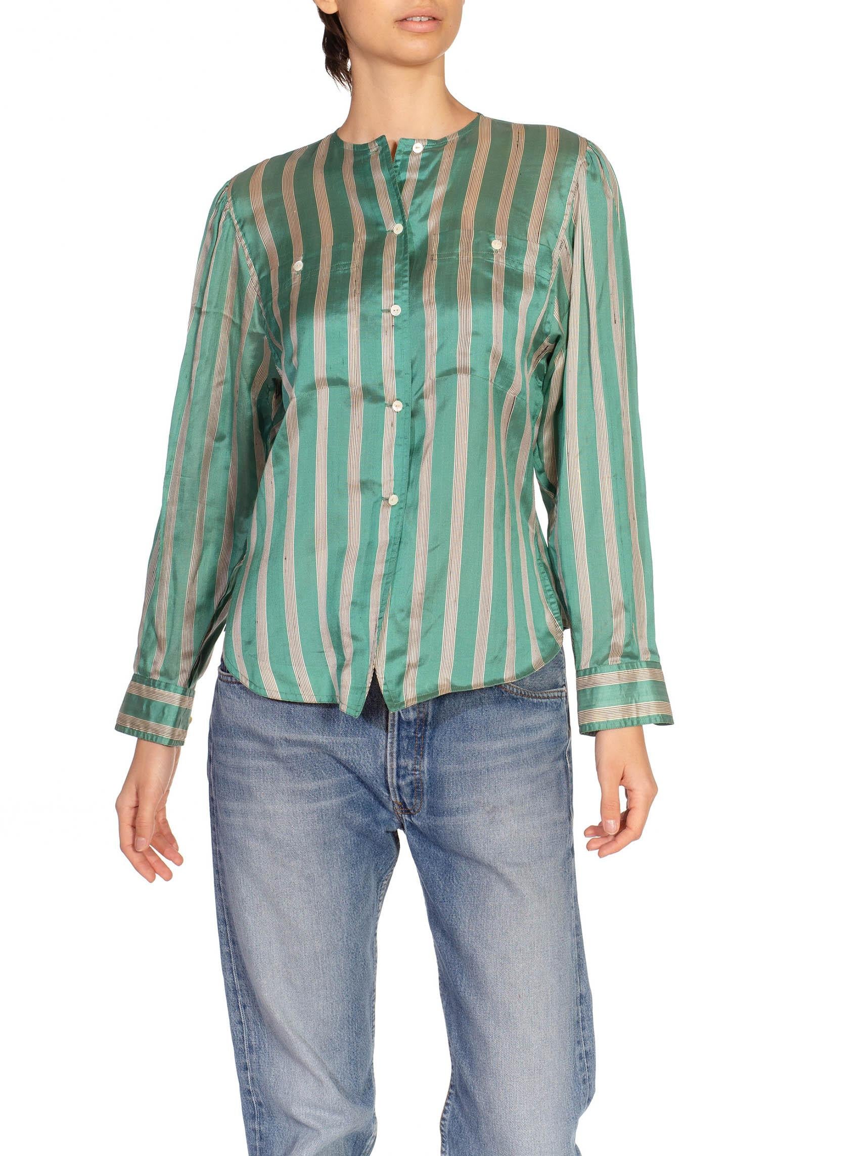 1980S Gucci Teal & Cream Silk Stripped Button Down Blouse In Excellent Condition For Sale In New York, NY