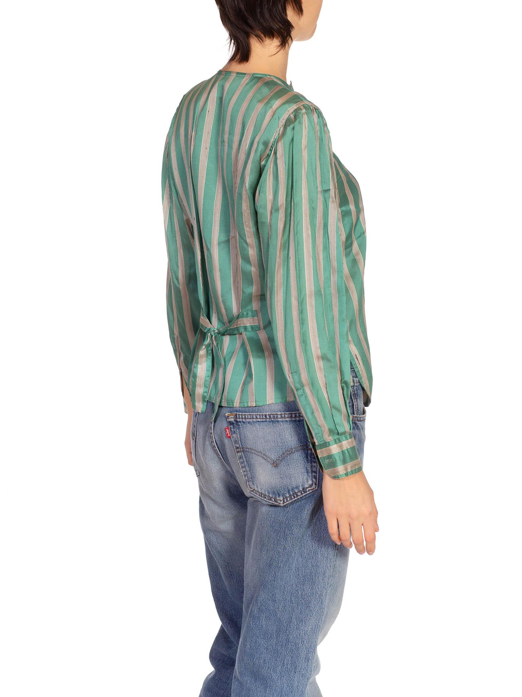 Women's 1980S Gucci Teal & Cream Silk Stripped Button Down Blouse For Sale