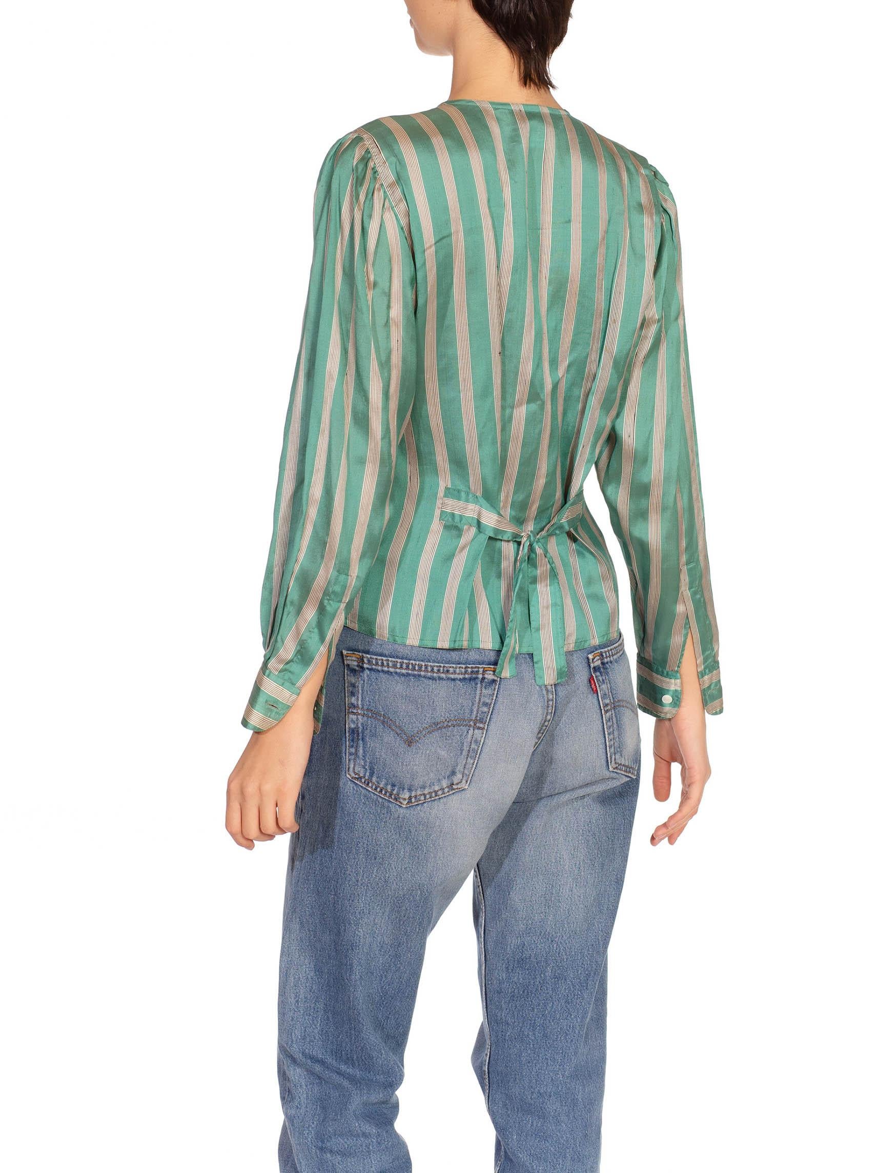 1980S Gucci Teal & Cream Silk Stripped Button Down Blouse For Sale 1
