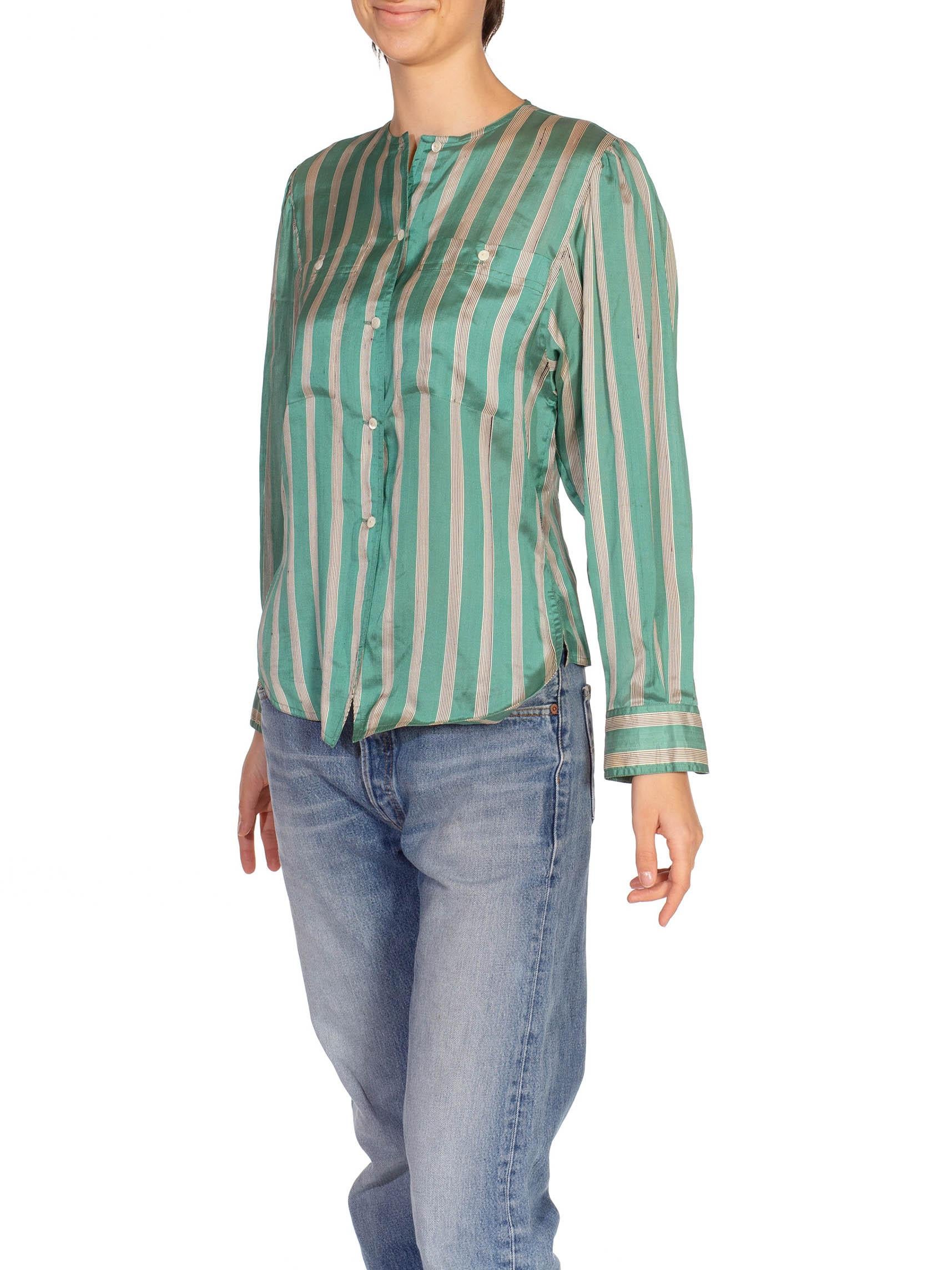 1980S Gucci Teal & Cream Silk Stripped Button Down Blouse For Sale 2