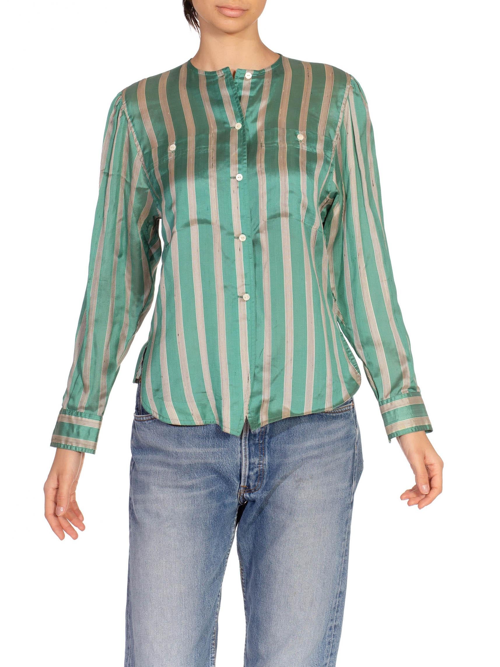 1980S Gucci Teal & Cream Silk Stripped Button Down Blouse For Sale 3