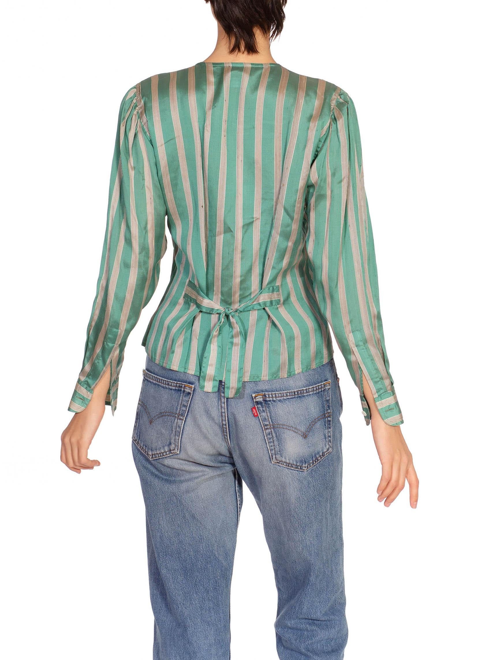 1980S Gucci Teal & Cream Silk Stripped Button Down Blouse For Sale 4