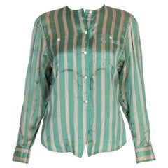 Vintage 1980S Gucci Teal & Cream Silk Stripped Button Down Blouse