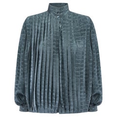 1980s Gucci Teal Silk Jacquard Pleated Blouse