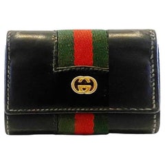 Gucci Web anni '80, custodia portachiavi con gancio in pelle nera